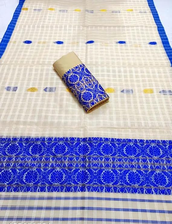 Women`s Assamese Mekhela Sador Santal Panchi Lungi Parhar Fabric of Soft Silk Traditional Design- Cream Blue