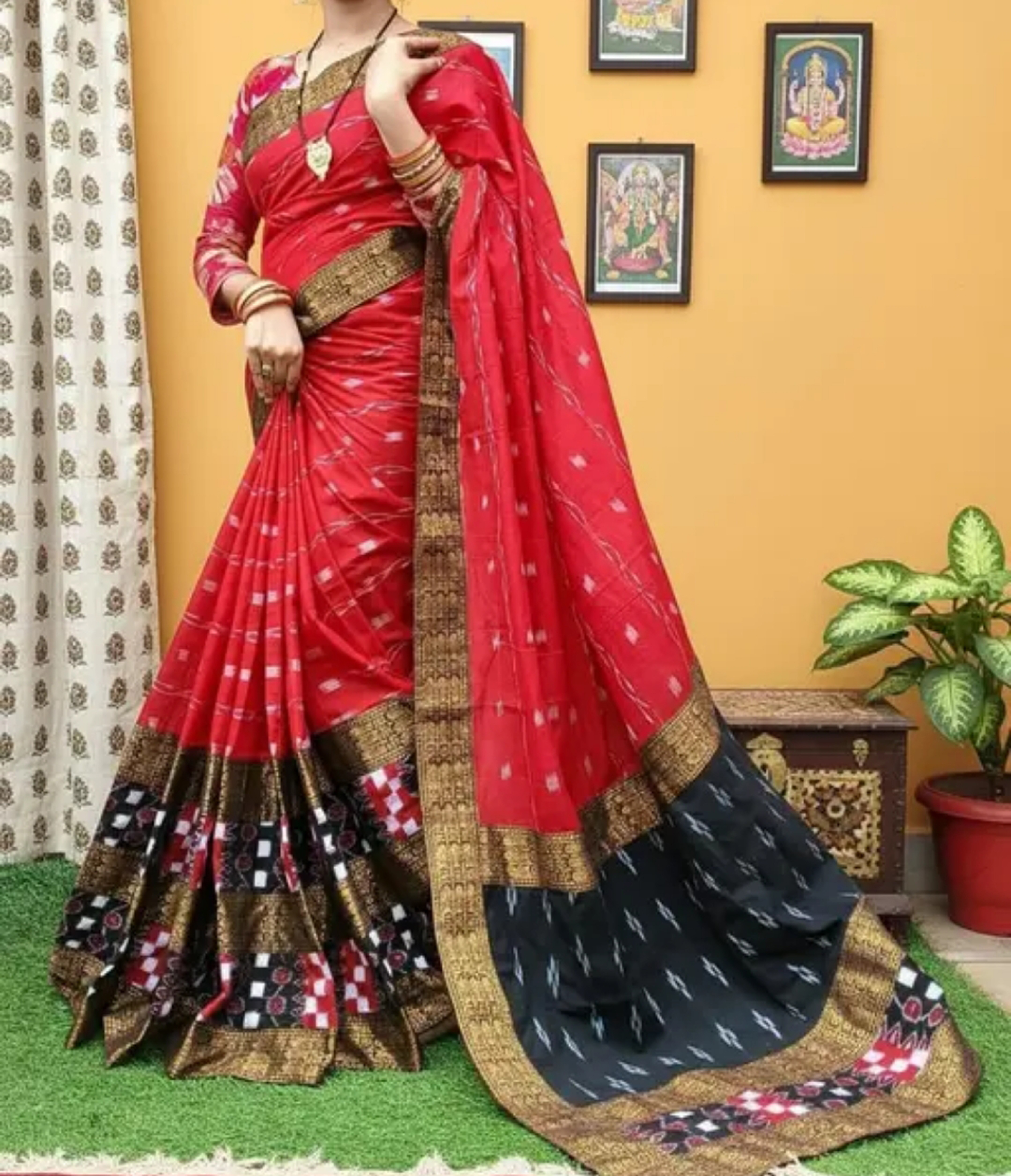 Sambalpuri Black Red Embroidery Silk Saree Pasapalli Traditional Design With Blouse Piece 