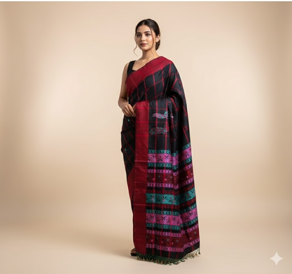 Adibasi Tribal Santali Saree Panchi Lumang Embroidered Red Black 
