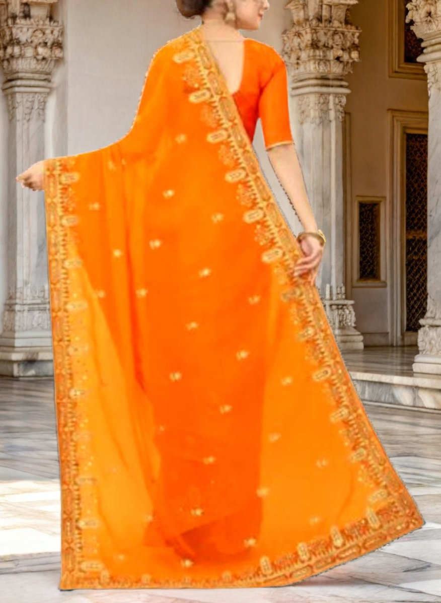 Women`s Wedding Wear Bridal Silk Saree - Orange