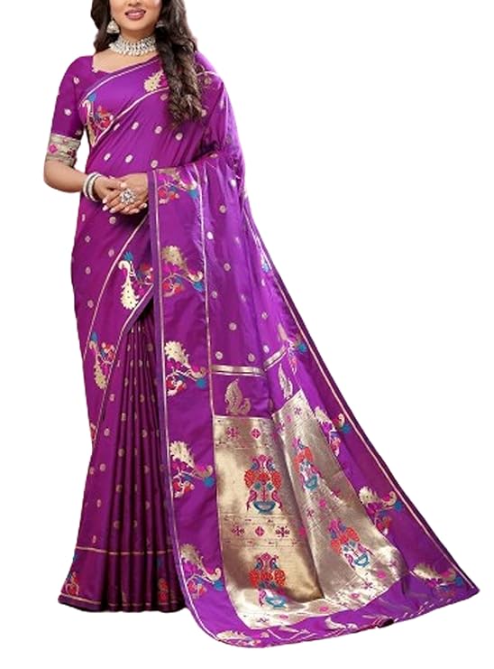 Women`s Paithani Silk Sarees Zari Weaving Saree with Beautiful Motifs Peacock Border With Blouse Piece- Purple Violet