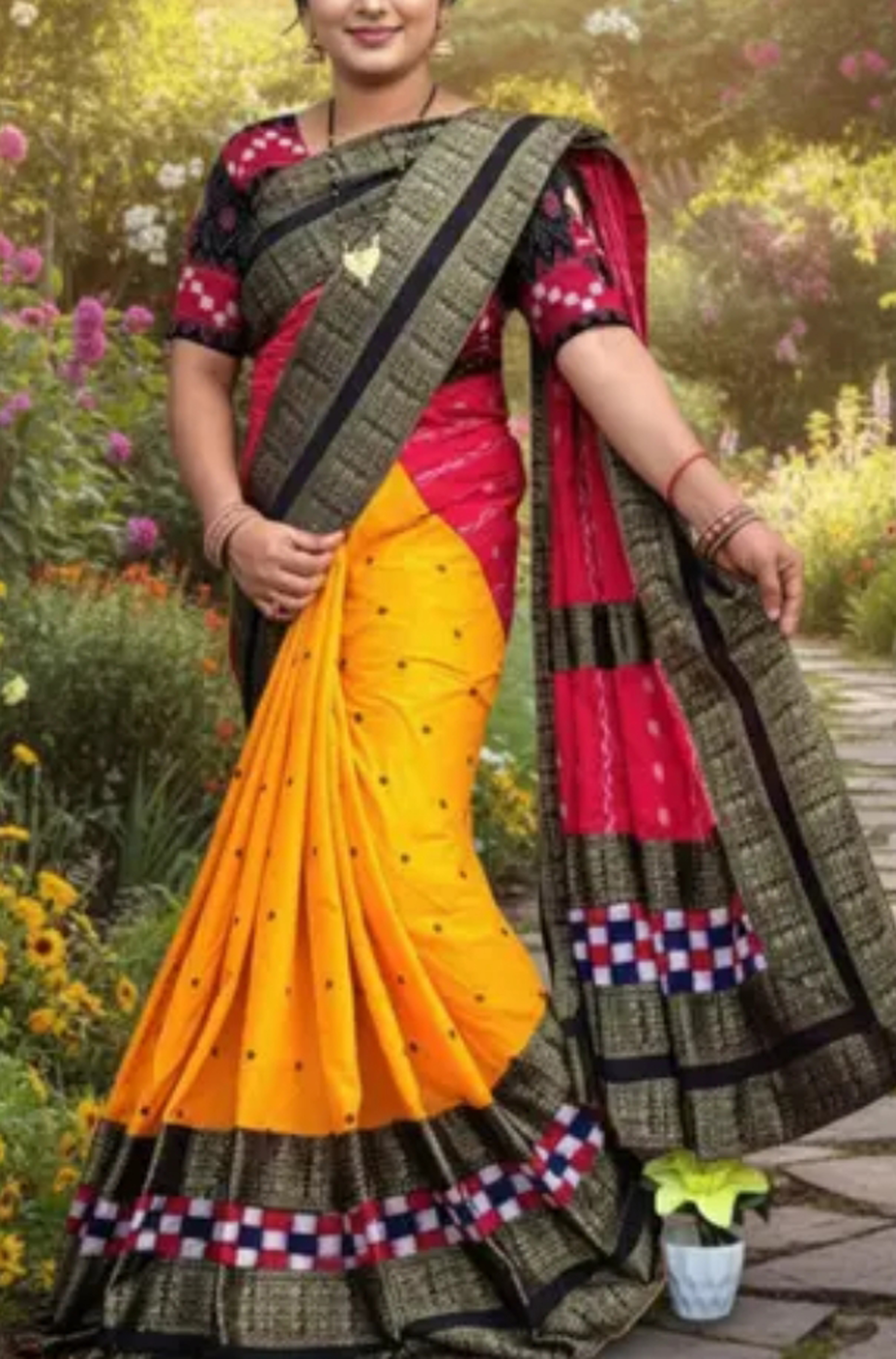 Sambalpuri Yellow Red Embroidery Silk Saree Pasapalli Traditional Design With Blouse Piece 