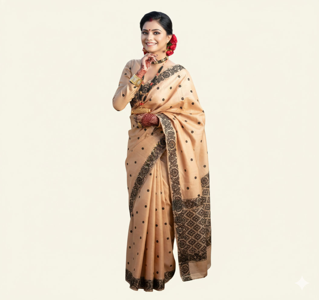  Assamese Mekhela Sador Santal Panchi - Cream