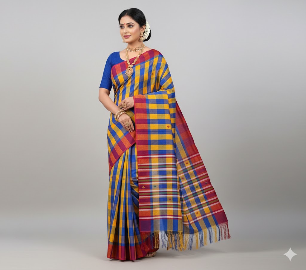 Adibasi Tribal Santali Cotton Saree Panchi Lumang Embroidered Yellow Blue Red