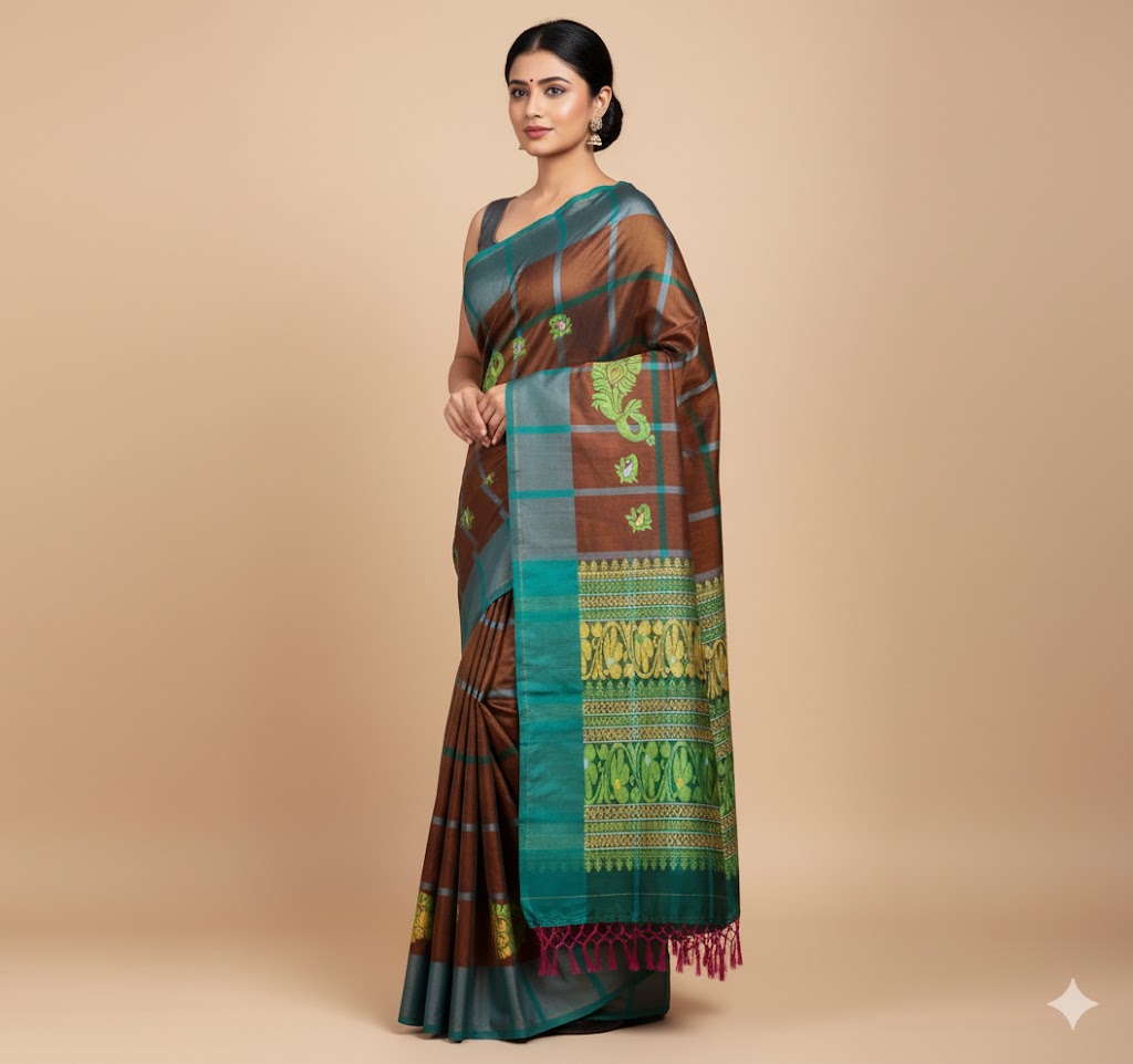 Adibasi Tribal Santali Saree Panchi Lumang Embroidered Brown Green