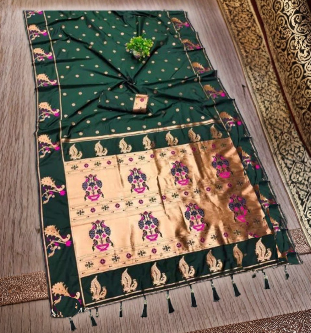 Jolly Women`s Pure Paithani Silk Saree Hand Loom Beautiful Motifs and Peacock Border with Blouse - Forest Green