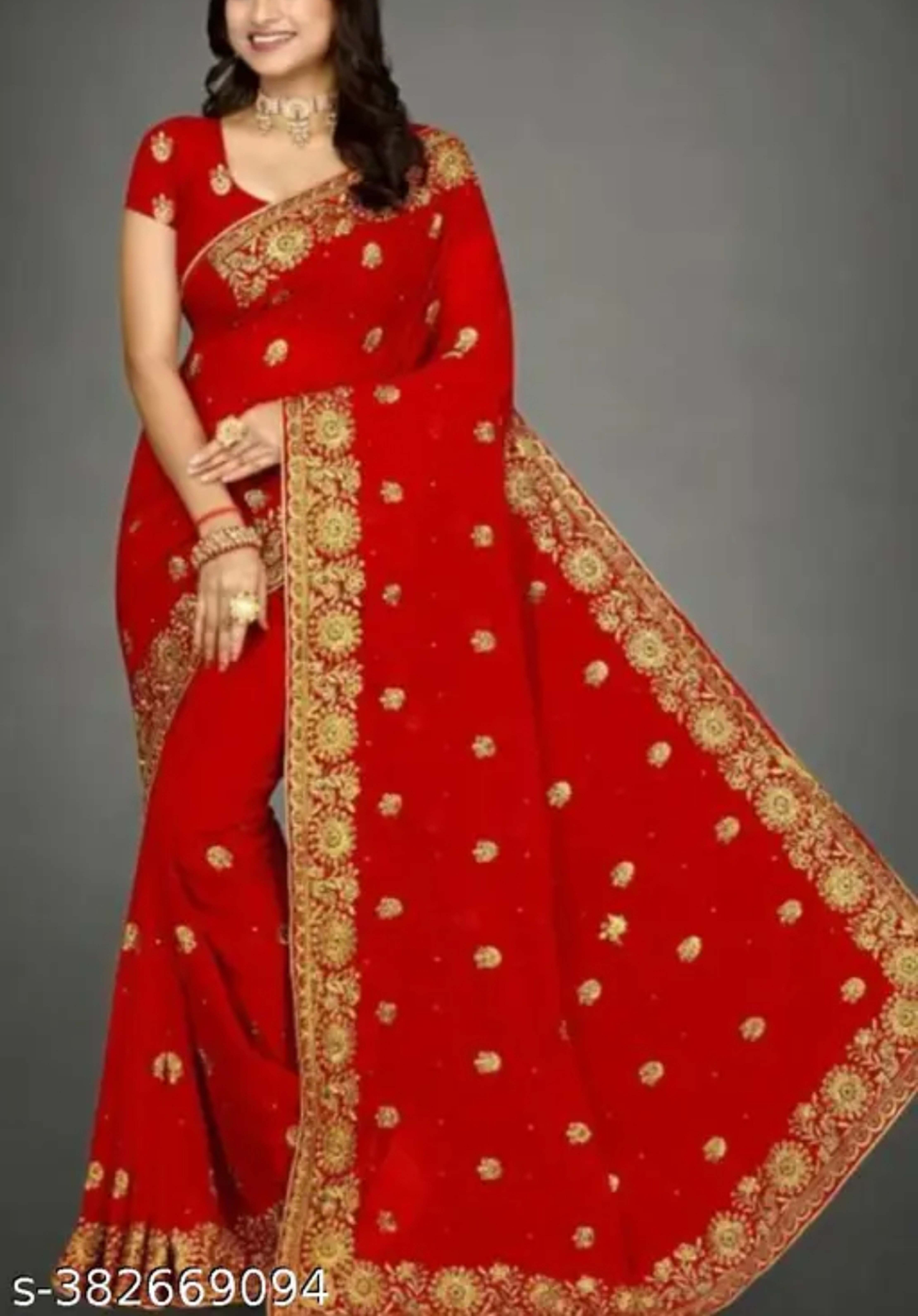 Georgette Heavy Embroidery Embroidered With Gola Design Pallu With Blouse Piece 