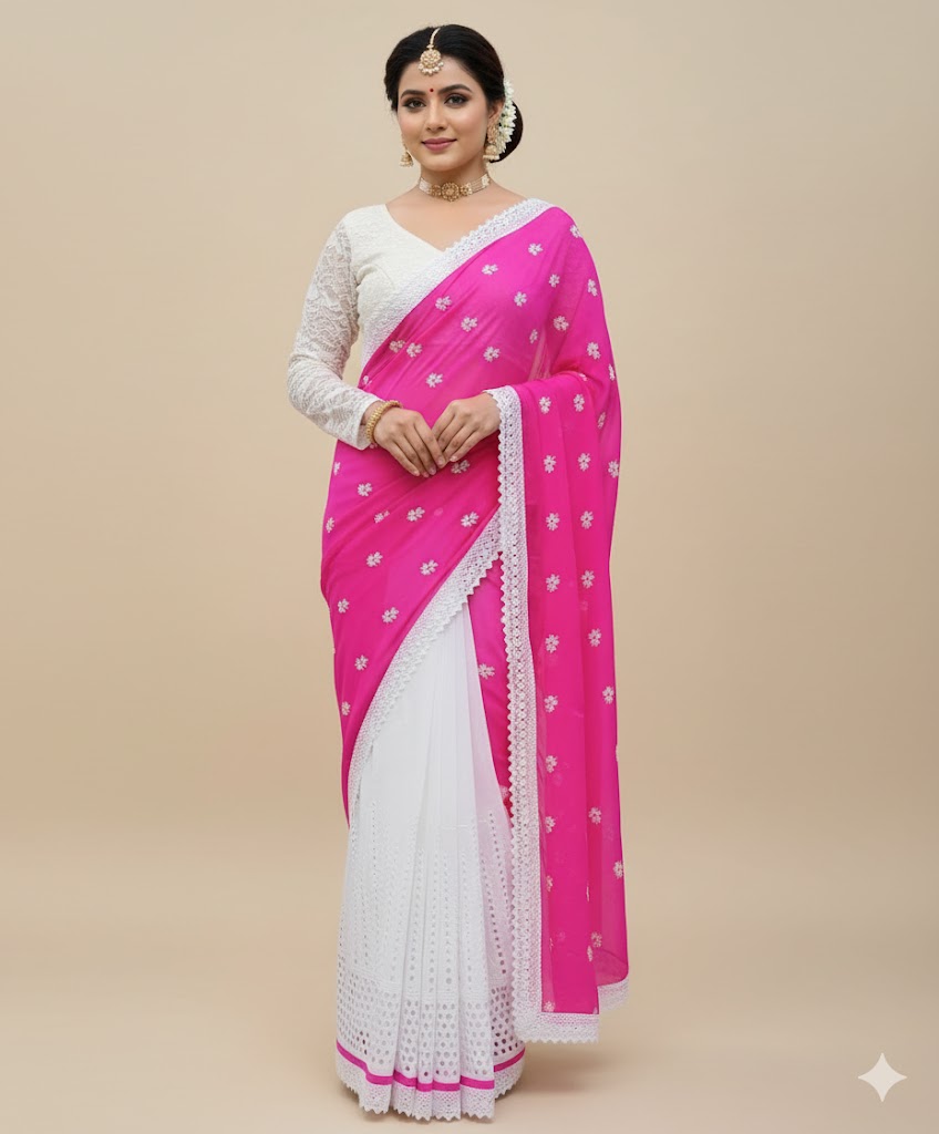 Pink and White Embroidered Hakoba Saree