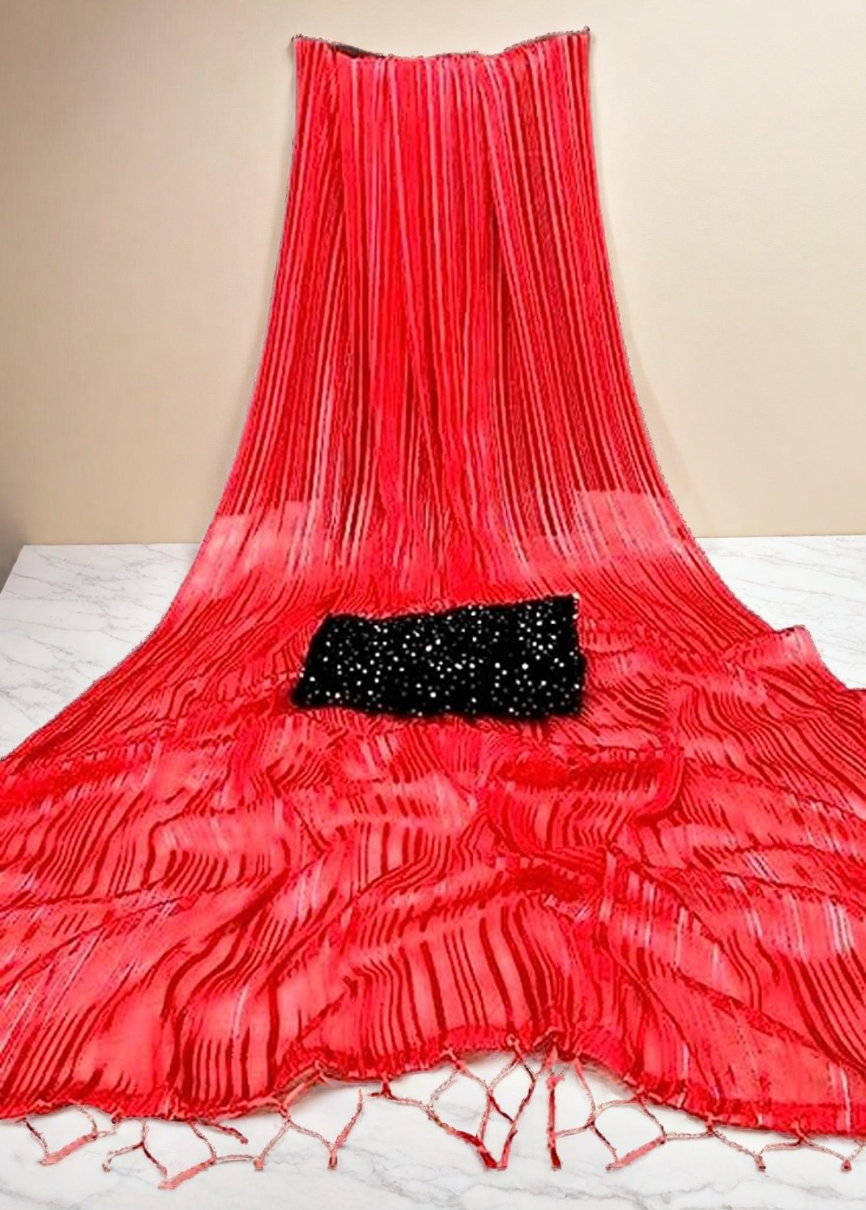 Jolly Women`s Chiffon Saree Fancy Designer Bollywood With Velvet Blouse Piece - Red