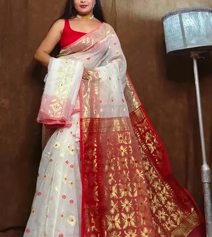 Elegant Red and White Cotton Soft Jamdani Design Allover without Blouse