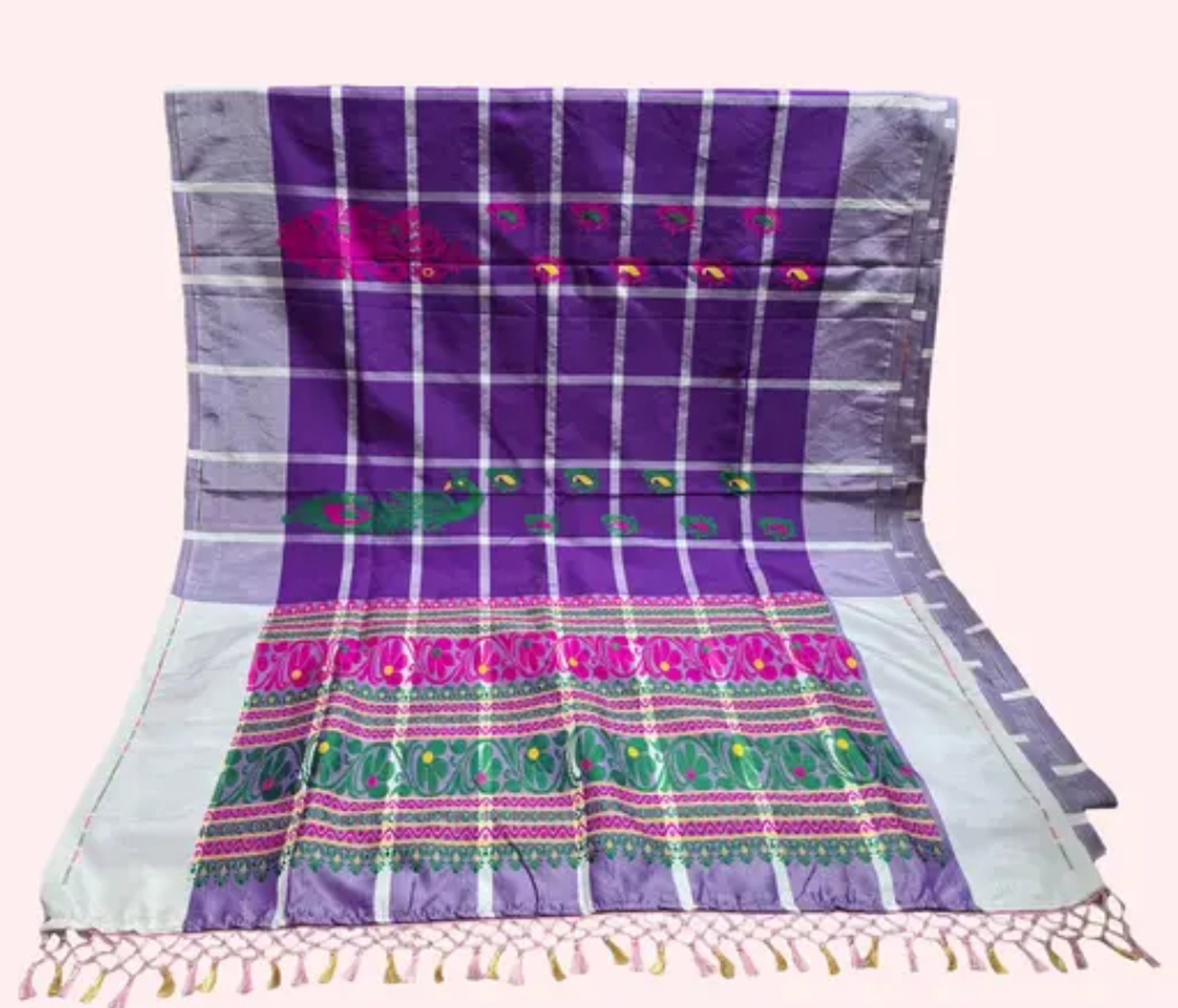 Adibasi Tribal Santali Saree Panchi Lumang Embroidered Purple Silver