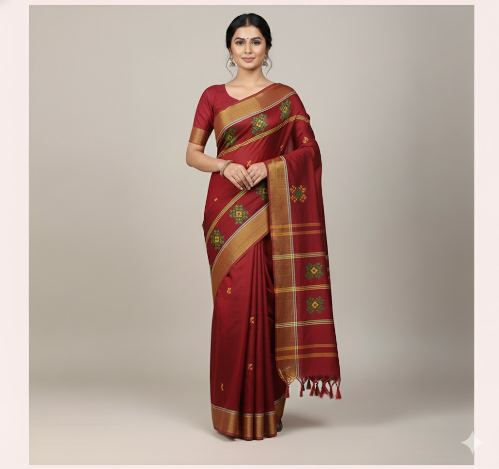 Adibasi Tribal Santali Cotton Saree Panchi Lumang Embroidered Red