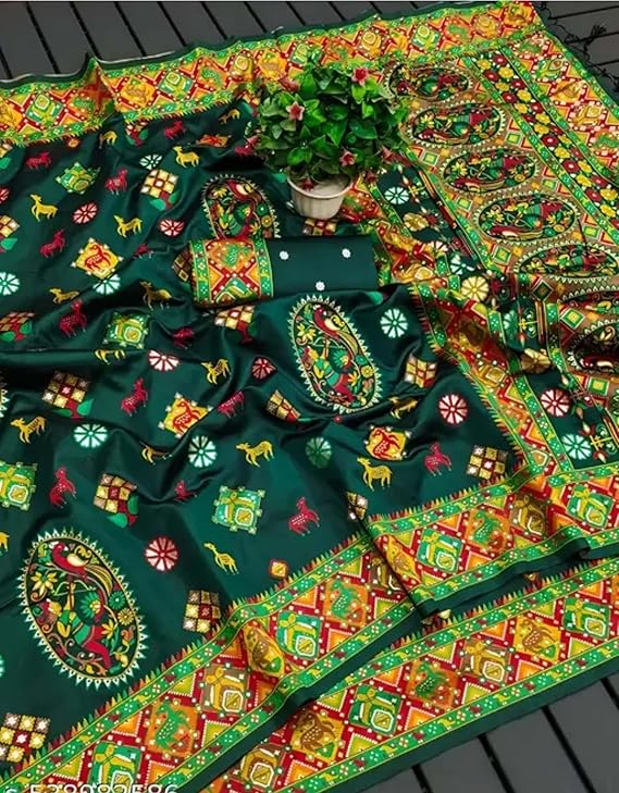 Jolly Women`s Kashmiri Pashmina Silk Saree with Traditional Meenakari Work - Green
