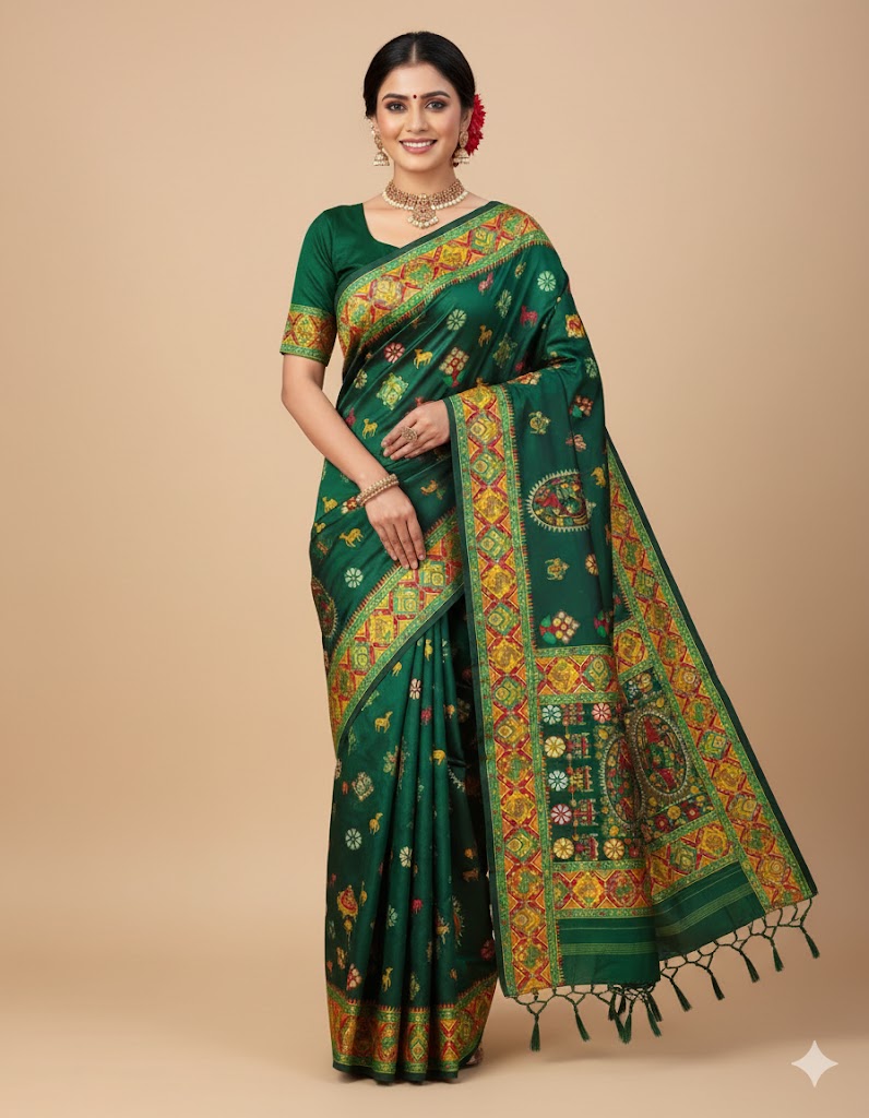 Jolly Women`s Kashmiri Pashmina Silk Saree with Traditional Meenakari Work - Green