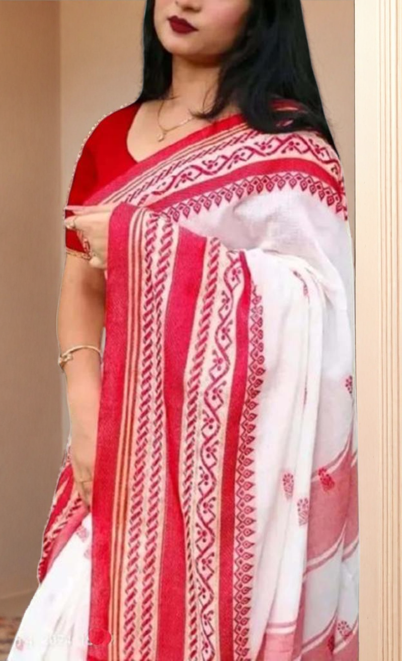 Jolly Durga Puja Festival Special White Red Cotton Tant Saree