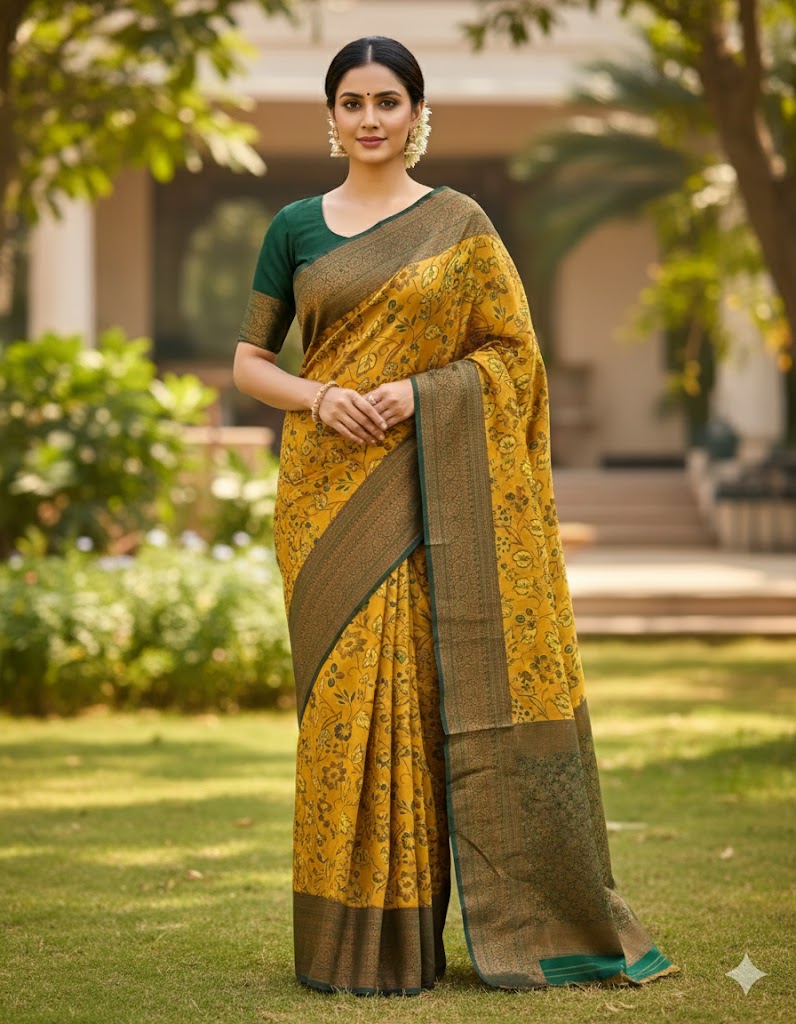 Yellow Green Kanjivaram Bridal Silk Saree With Zari Rich Pallu Unstitched Blouse 