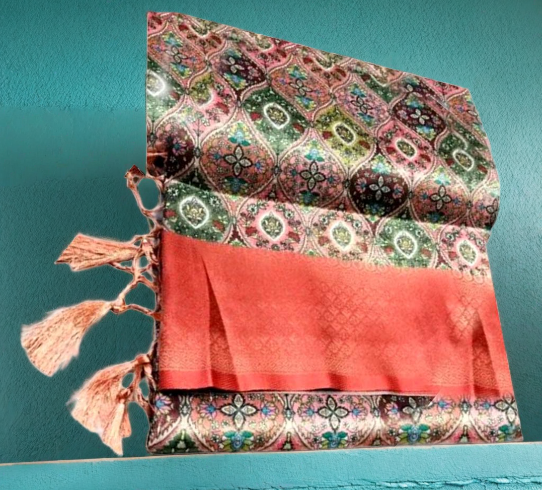 Women`Copper Zari Digital Print Soft Pattu Silk With Contrast Blouse Piece - Orange