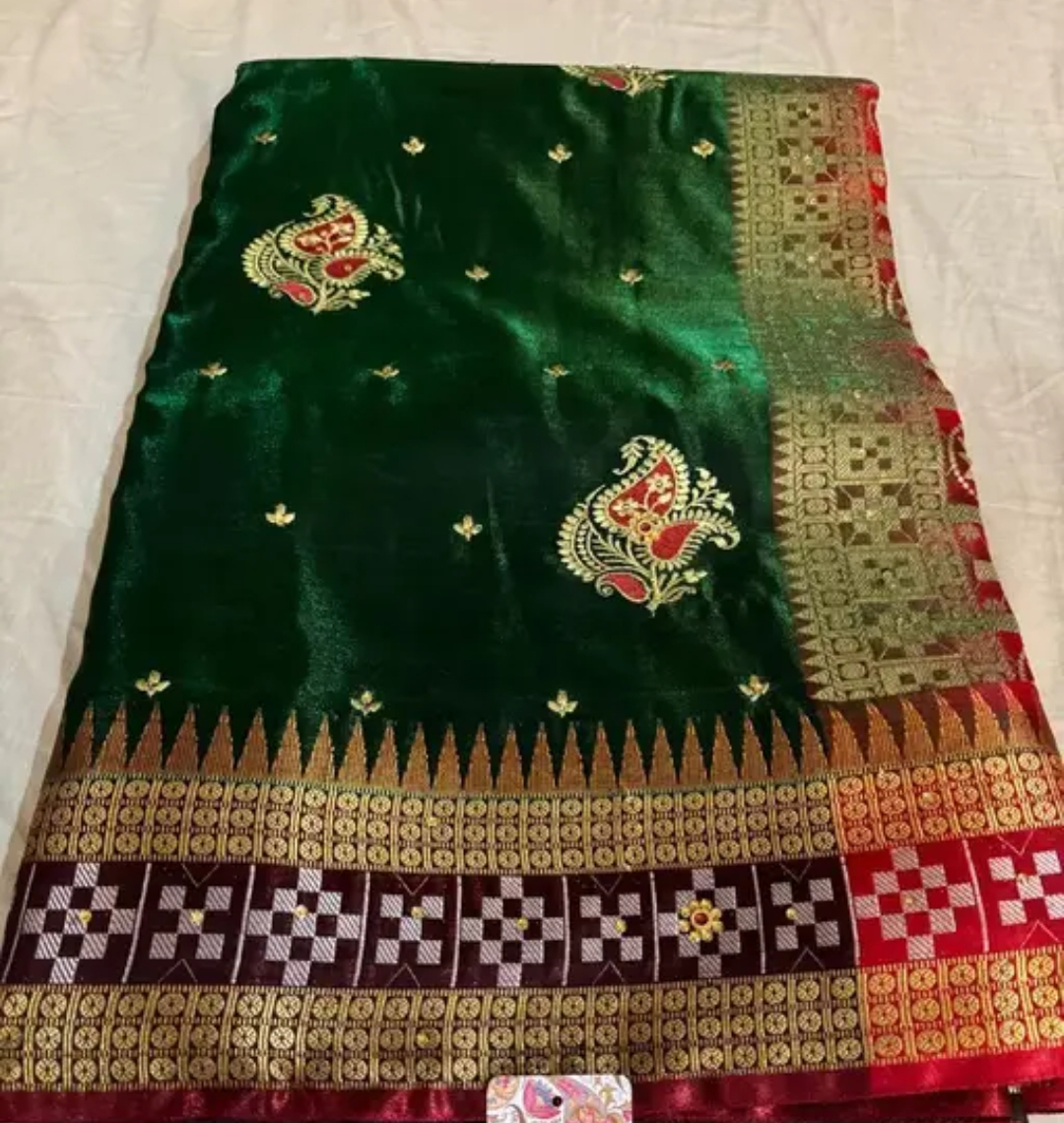 Sambalpuri Banarasi Green Red  Embroidery Silk Saree Pasapalli Traditional Design With Blouse Piece 