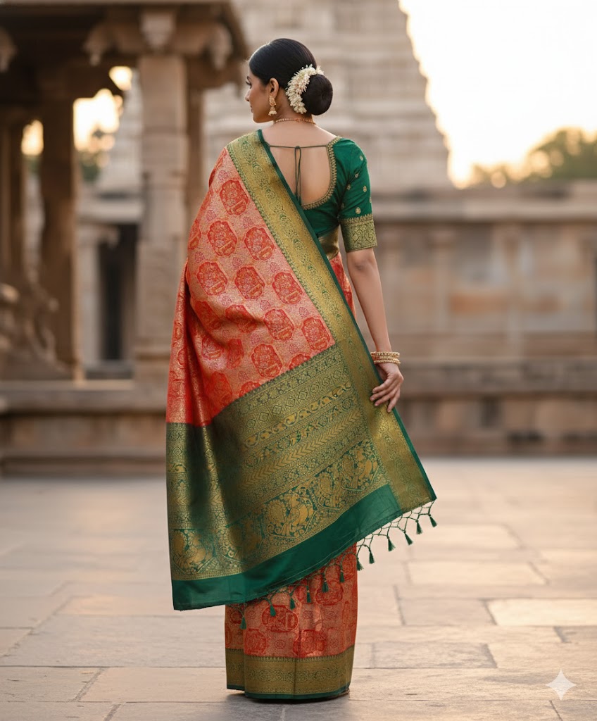 Red Green Kanjivaram Bridal Silk Saree With Zari Rich Pallu Unstitched Blouse 