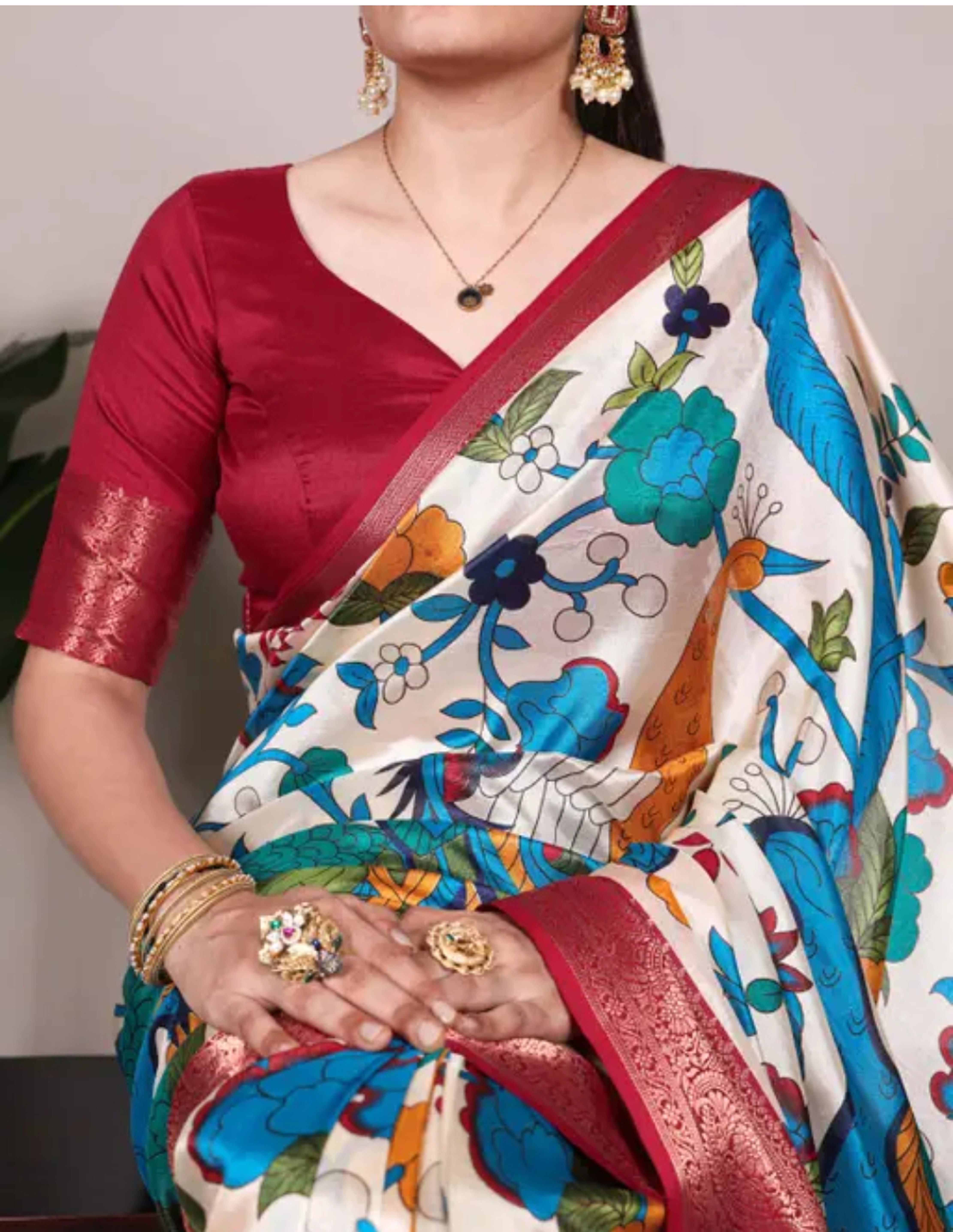 Premium Tussar Silk Hand Woven Floral Printed With Zari Weaving Saree