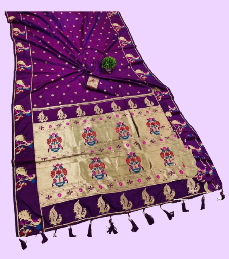 Women`s Paithani Silk Sarees Zari Weaving Saree with Beautiful Motifs Peacock Border With Blouse Piece- Purple Violet