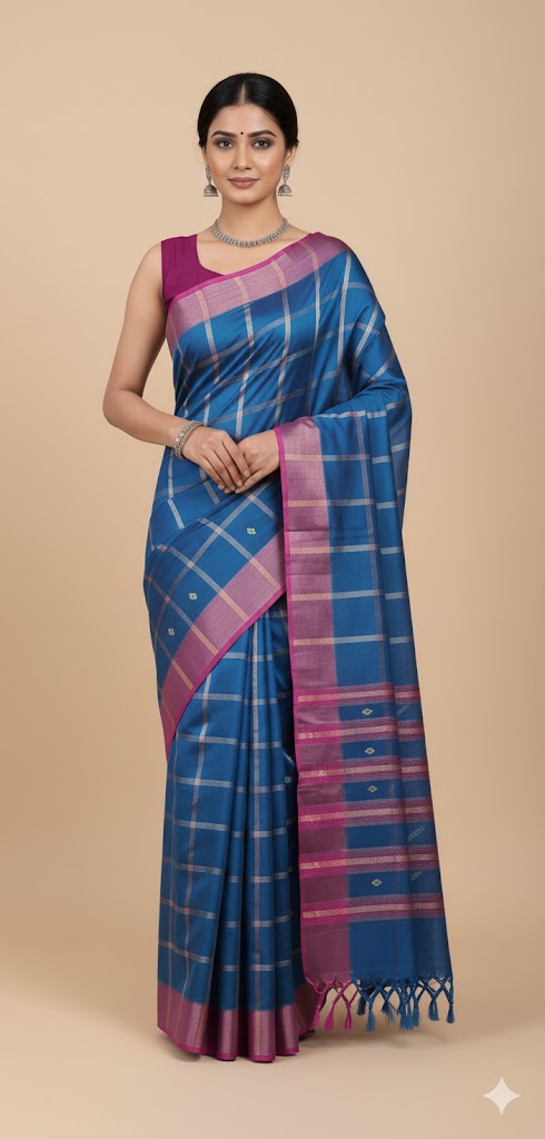 Adibasi Tribal Santali Cotton Saree Panchi Lumang Embroidered Blue Pink
