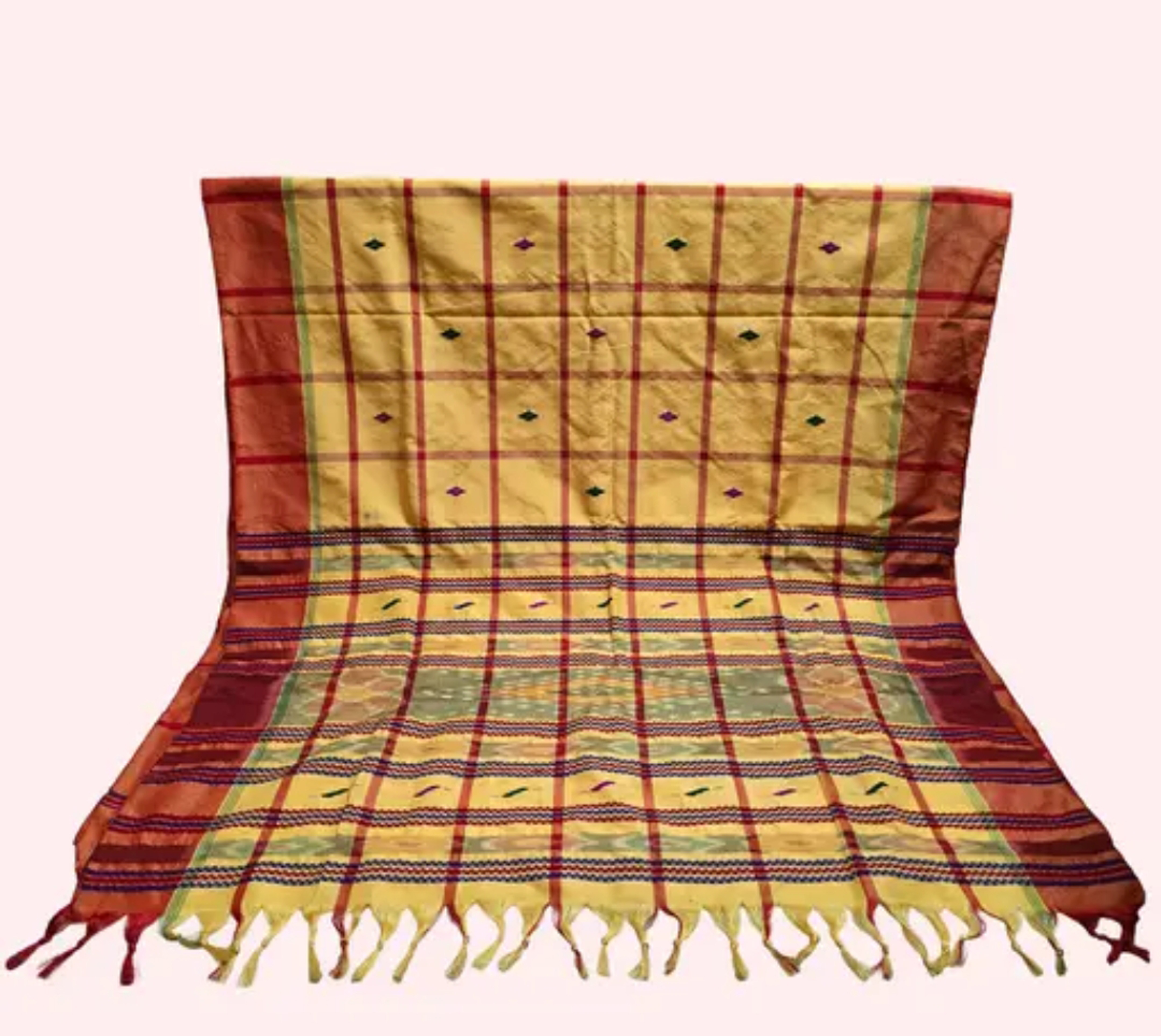 Adibasi Tribal Santali Cotton Saree Panchi Lumang Embroidered Gold Red