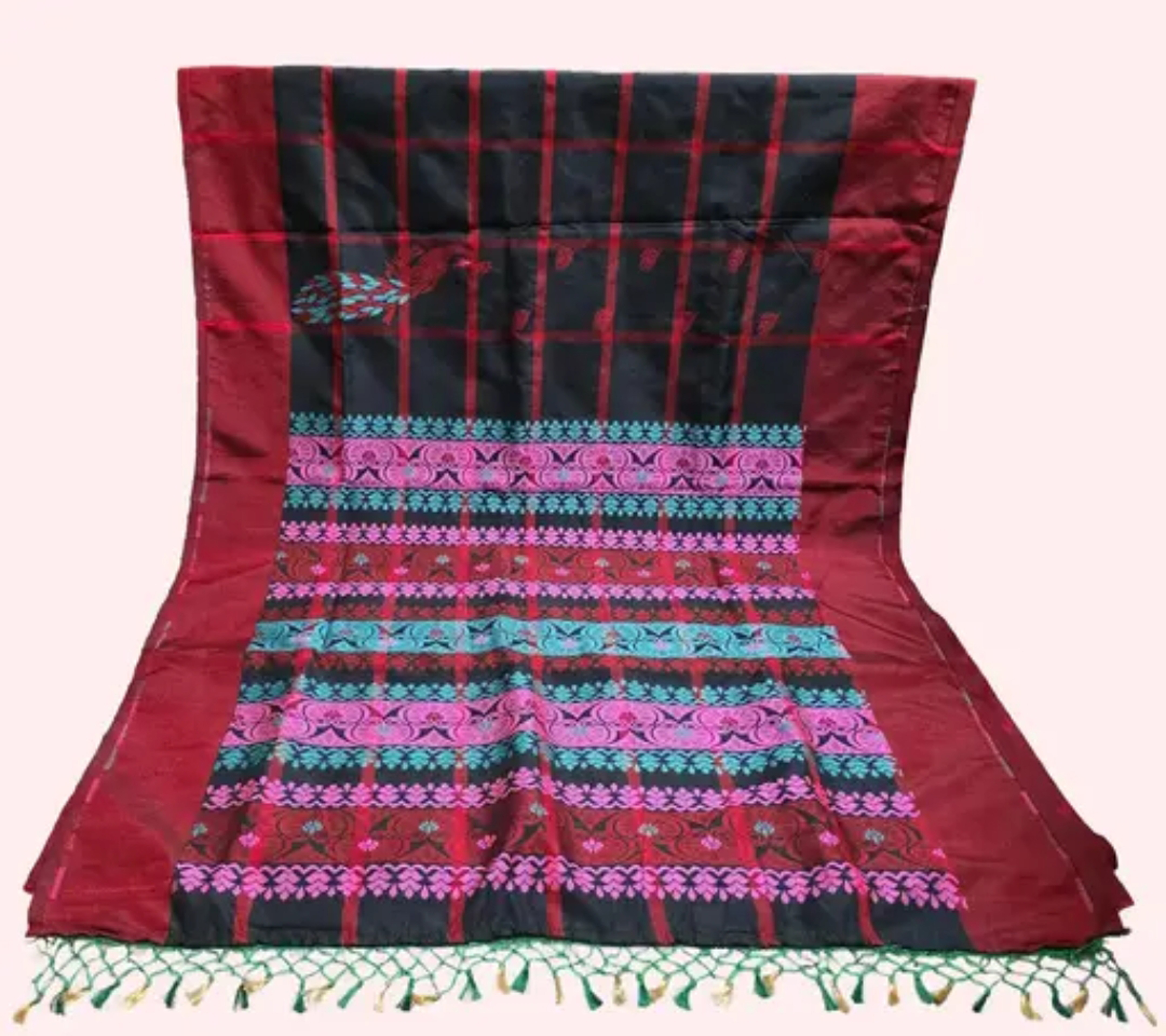 Adibasi Tribal Santali Saree Panchi Lumang Embroidered Red Black 