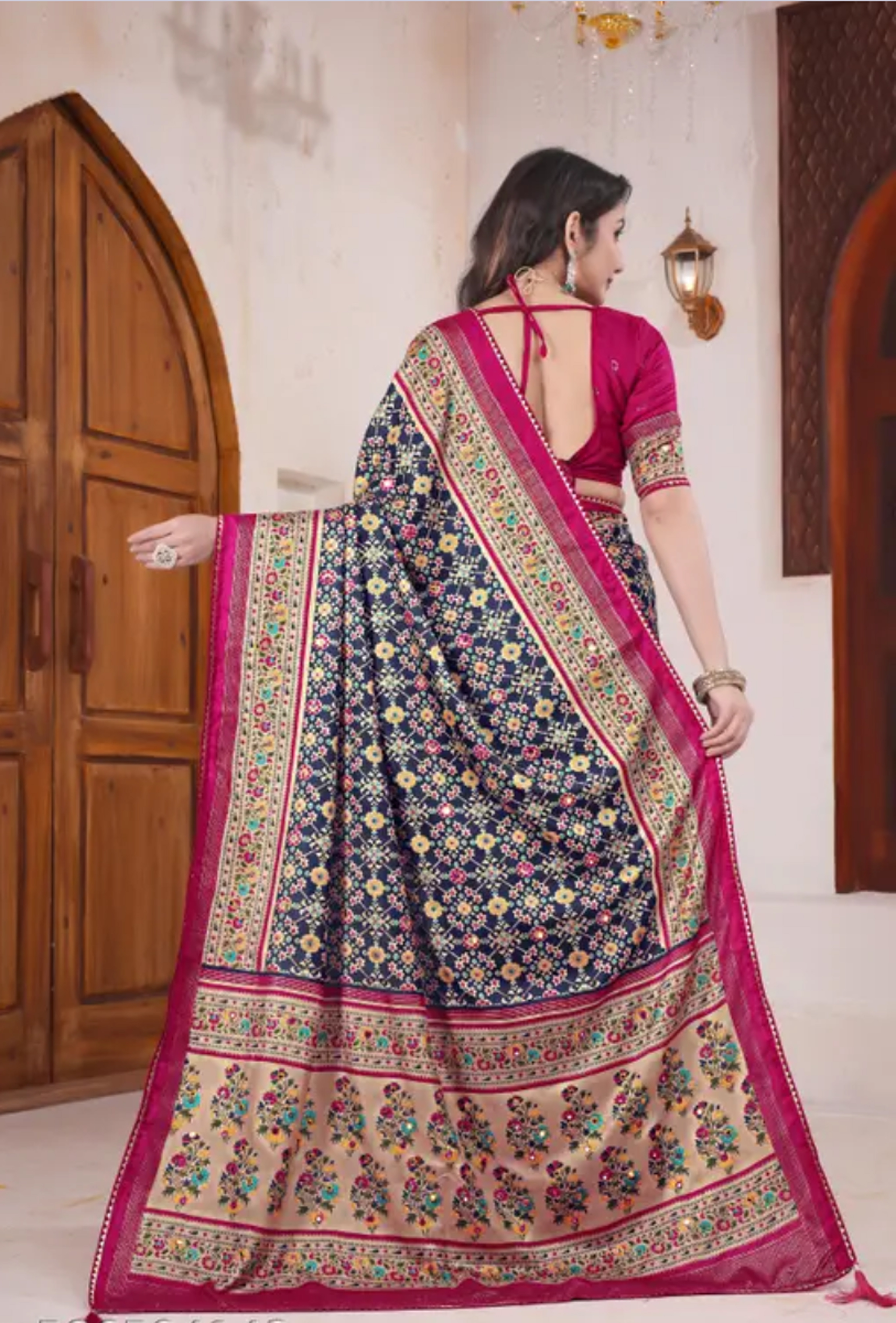  Kashmiri Pashmina Digital Saree Blue Pink with Traditional Meenakari Work  