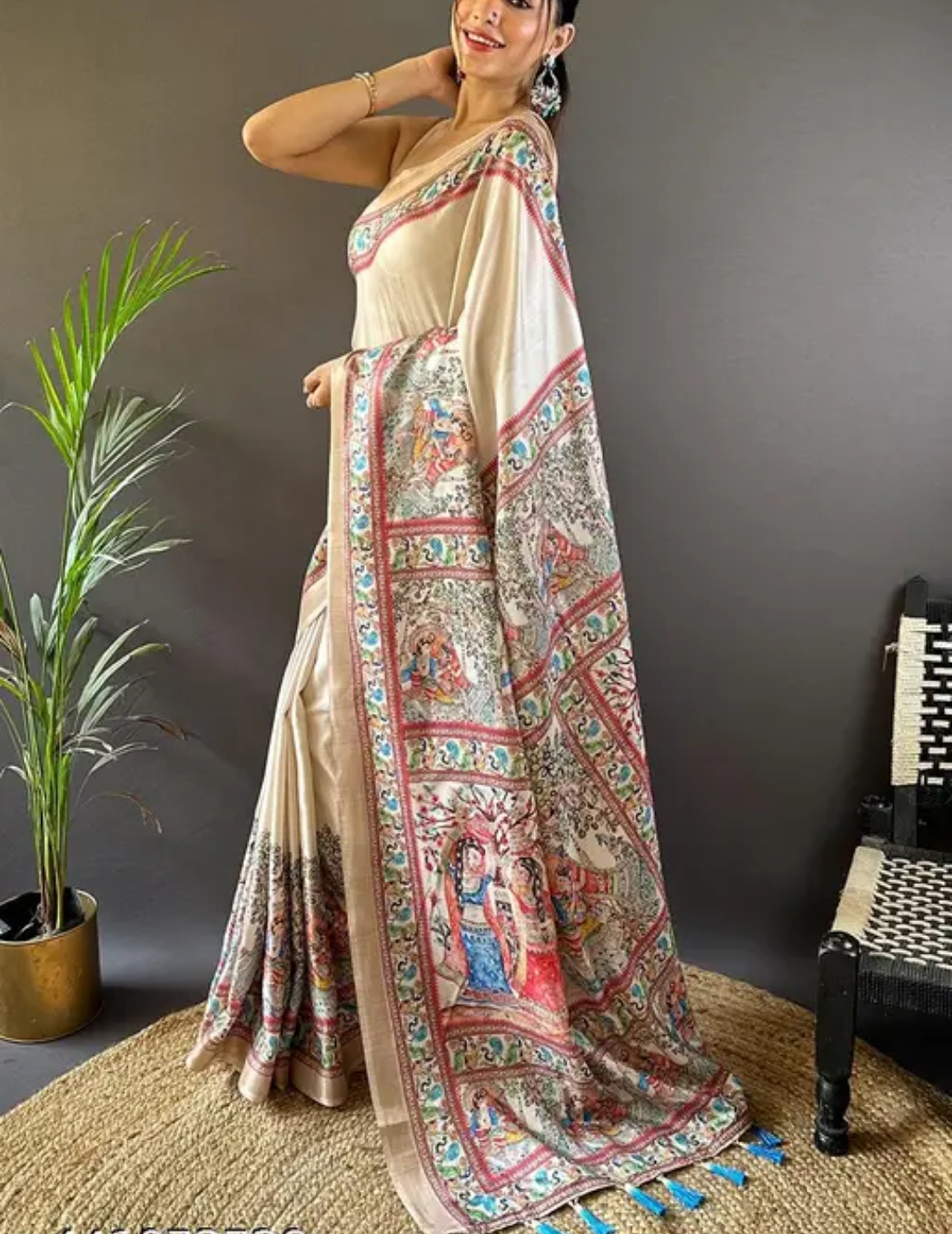 Tussar Silk Hand Woven Madhubani  Printed Saree