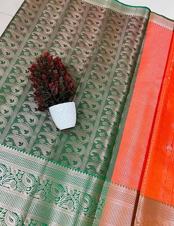 Bridal Kanjivaram Kanchipuram Pattu Silk Saree With Rich Pallu Zari Border - Orange