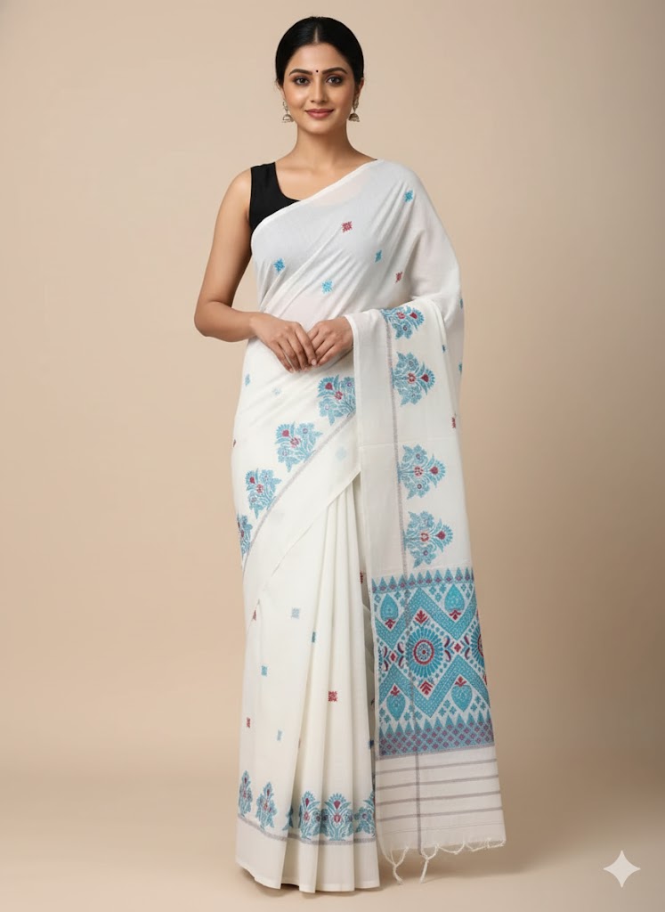 Women Cotton `S Assamese Mekhela Sador Jura Santal Panchi Parhar Pure Fabric Soft Traditional Design Saree - White Blue