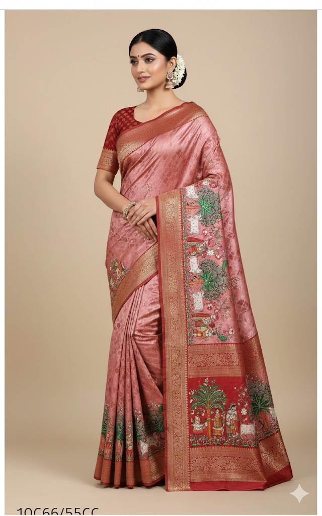 Jolly Bhagalpuri Radha Krishna Zari Woven Traditional Saree -Pink Red