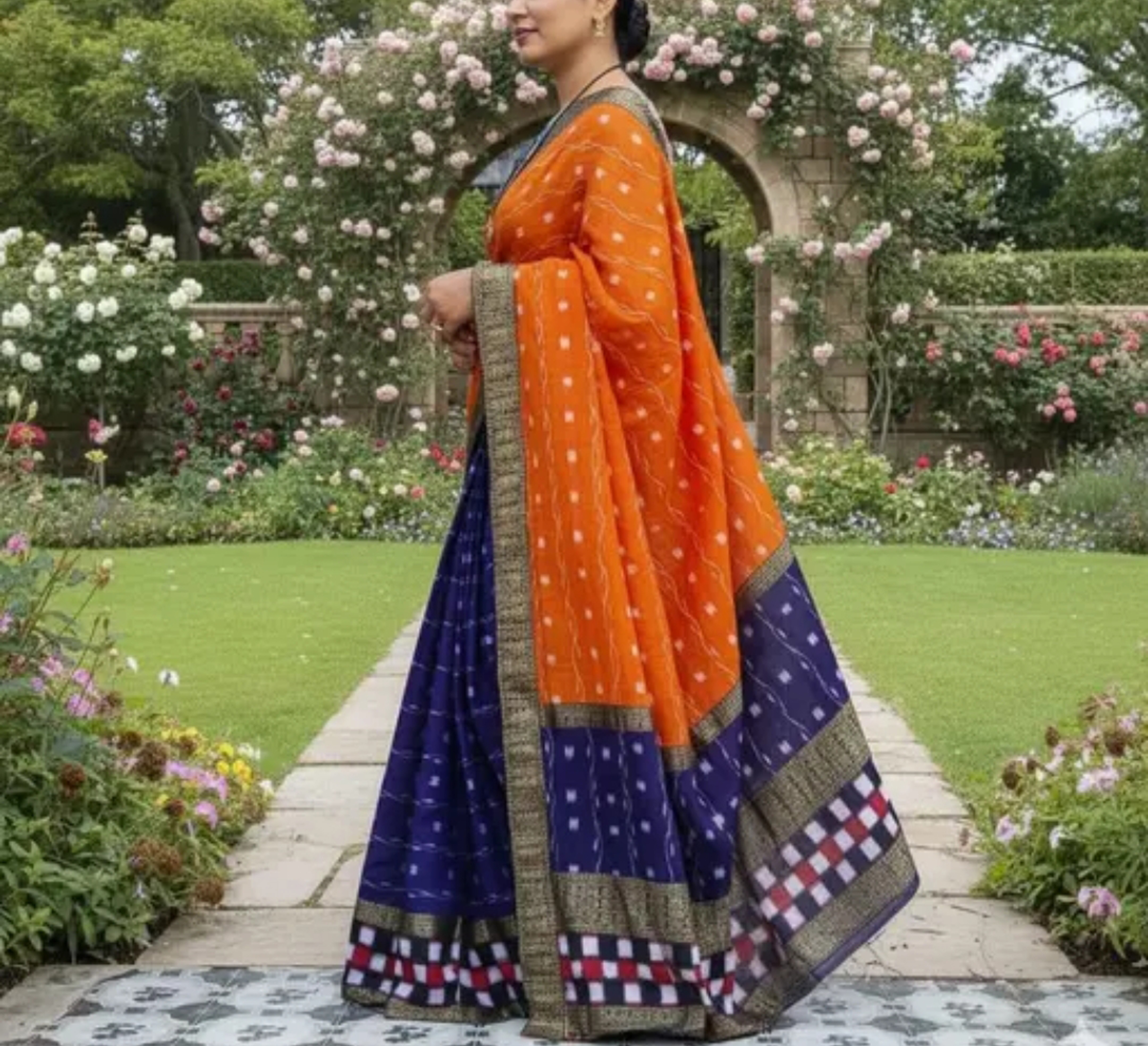 Sambalpuri Orange Blue Embroidery Silk Saree Pasapalli Traditional Design With Blouse Piece 