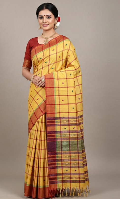 Adibasi Tribal Santali Cotton Saree Panchi Lumang Embroidered Gold Red