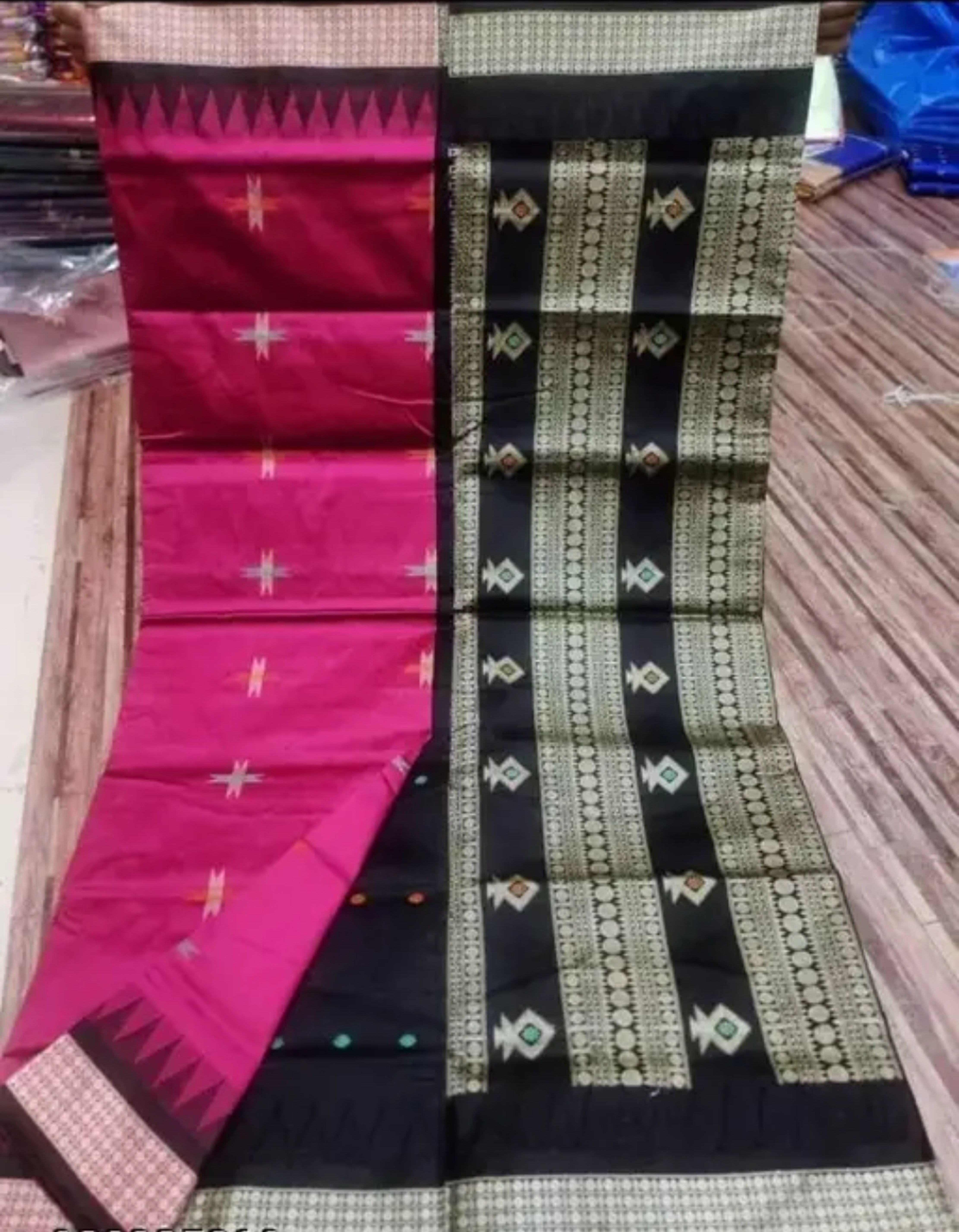 Bomkai Sambalpuri Pink Black mbroidery Silk Saree Traditional Design With Blouse Piece 