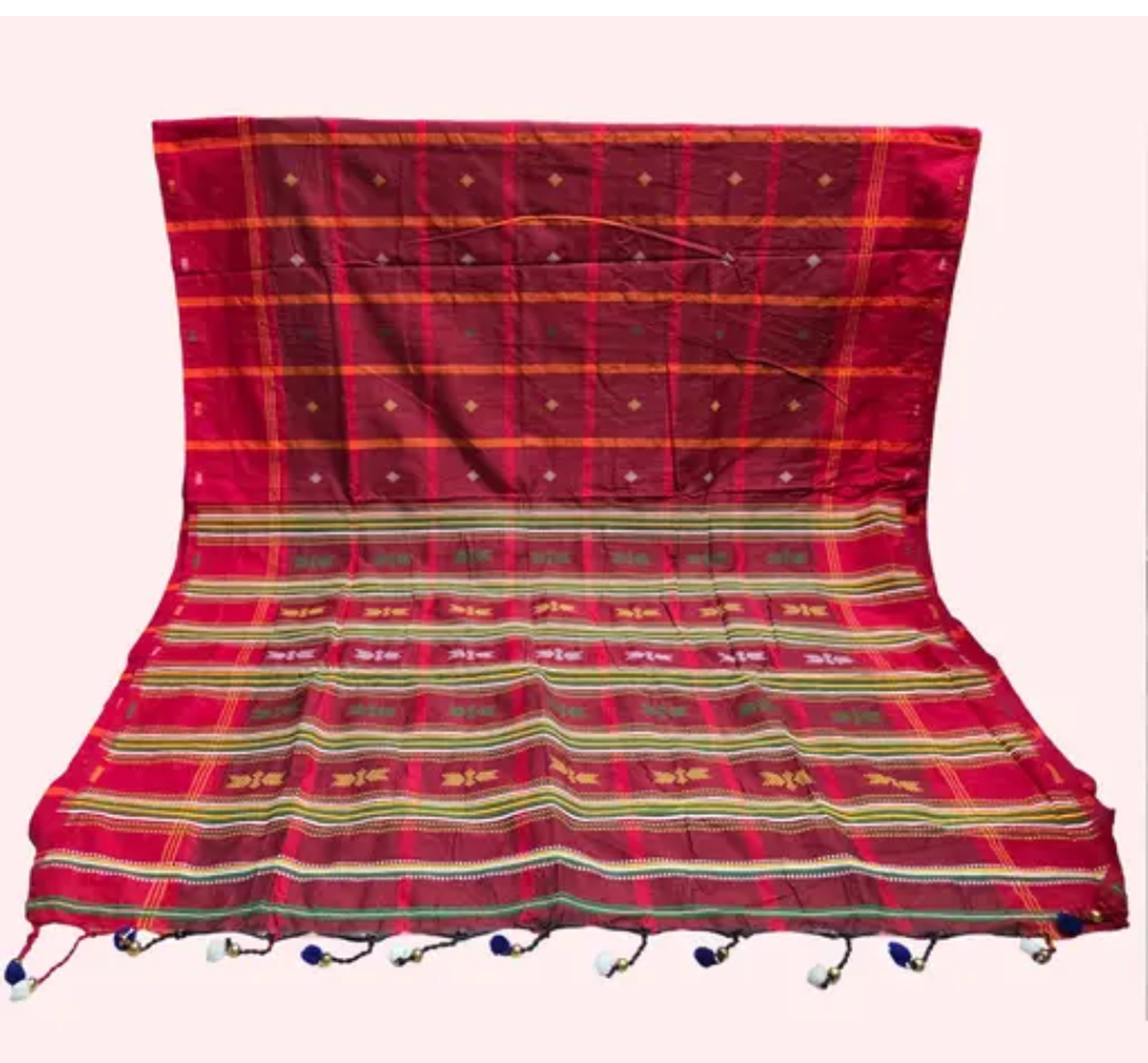 Adibasi Tribal Santali Cotton Saree Panchi Lumang Embroidered Red
