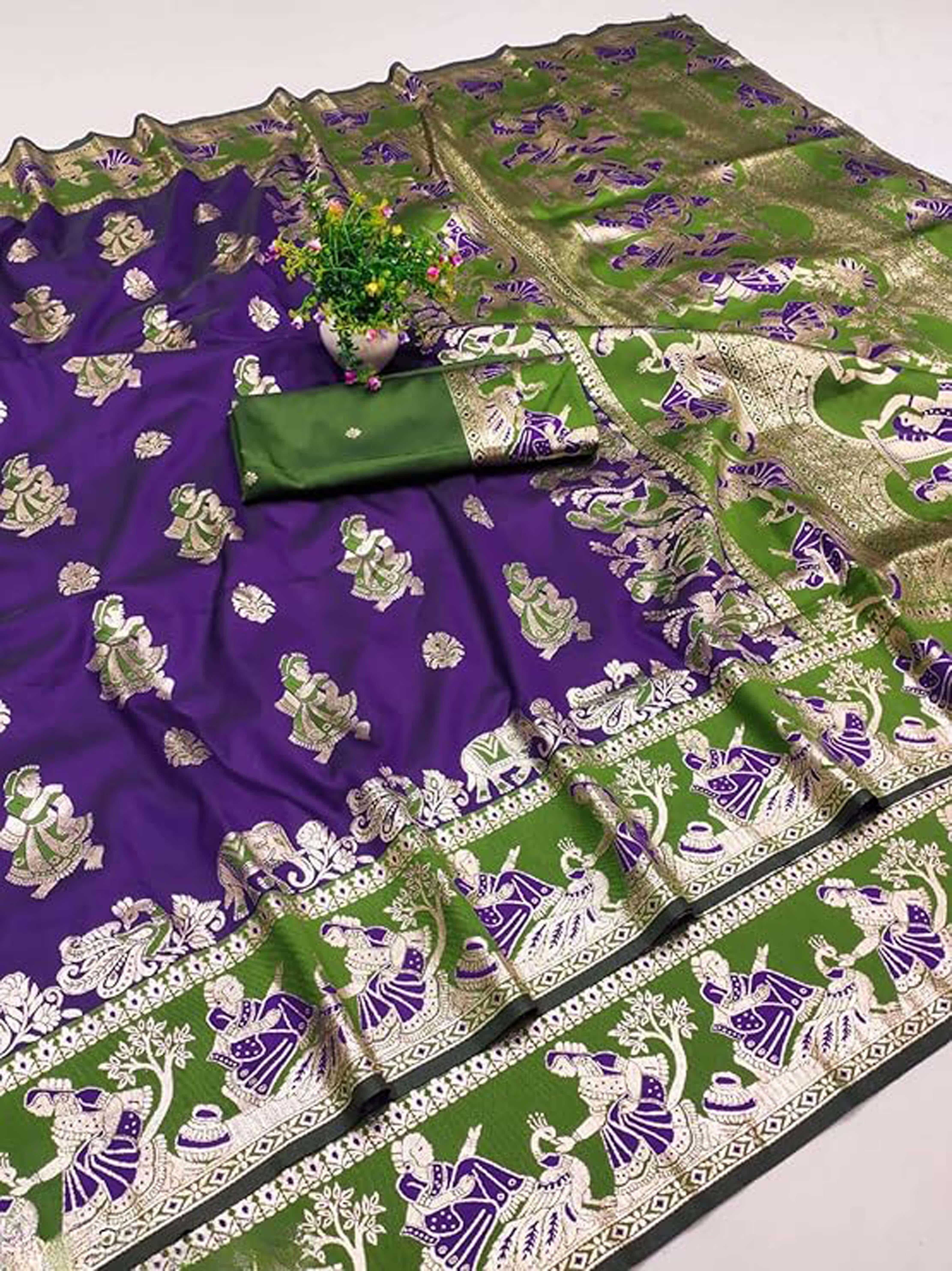 Women`s Pure Baluchari Saree Handwoven Traditional Design With BP - Light Green
