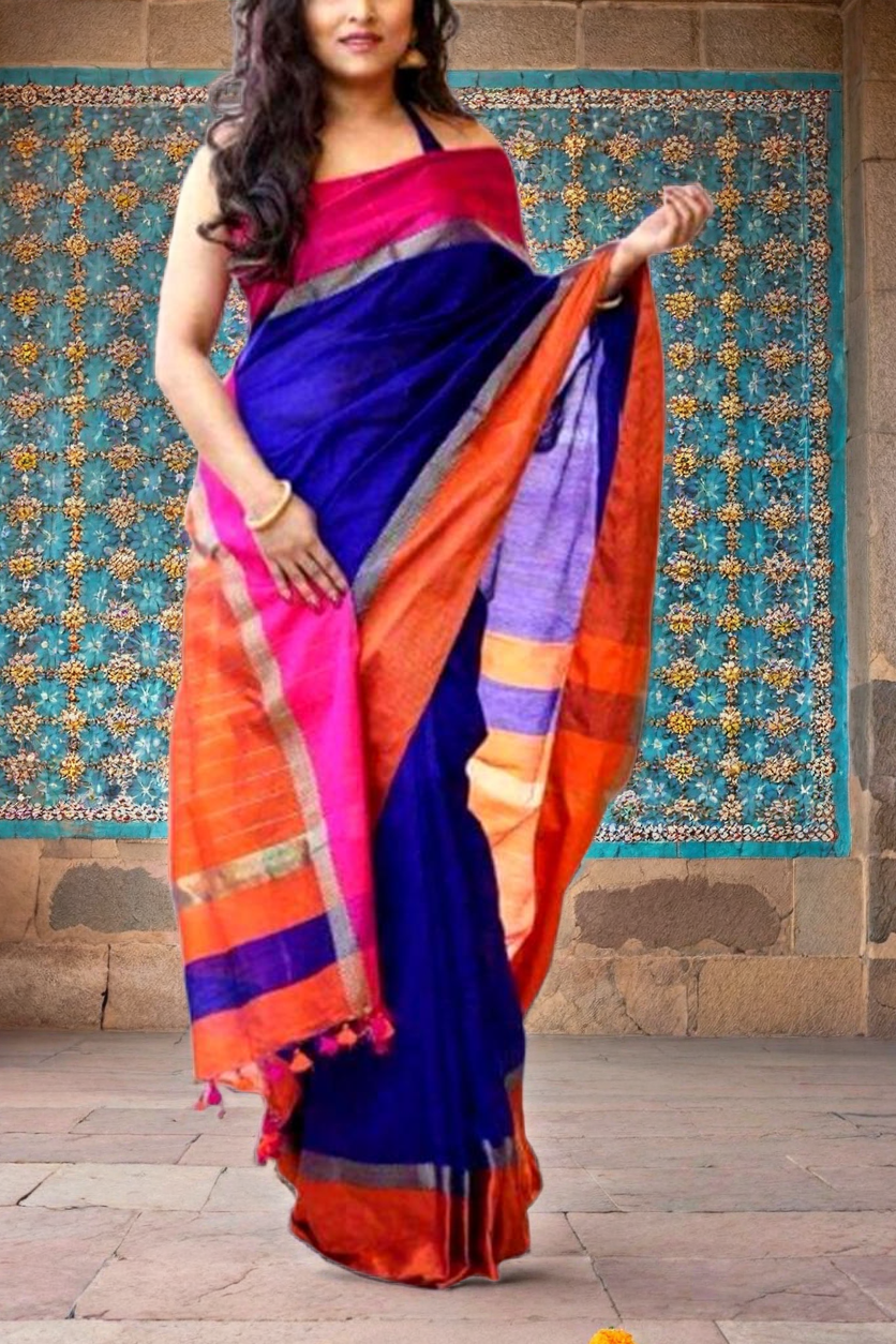 Women`s Maheshwari Silk Saree By Hand Woven With Zari Work- Blue