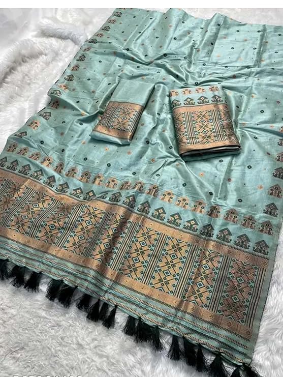 Women`s Assamese Mekhela Sador Paat Santal Panchi Lungi Parhar Fabric of Soft Silk Traditional Design- Green