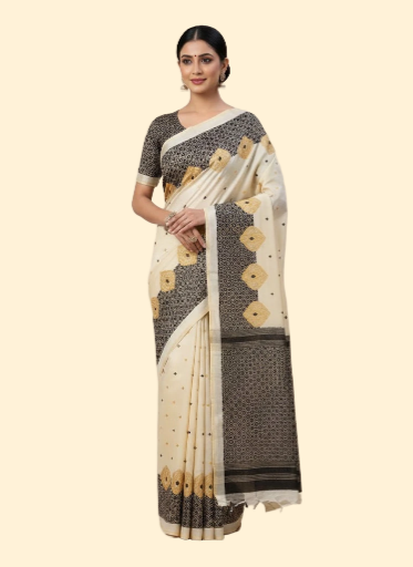 Women`S Assamese Mekhela Sador Santal Parhar Pure Fabric Of Soft Silk Traditional Design Saree- Cream Black