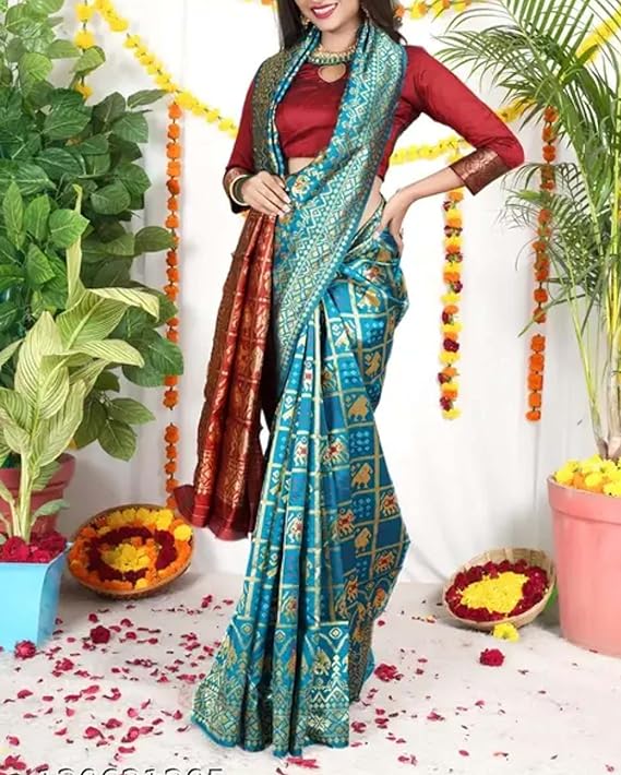 Women`s Patola Bandhani Silk Sarees Traditional Jacquard Design with Contrast Blouse Piece - Sky Blue Red