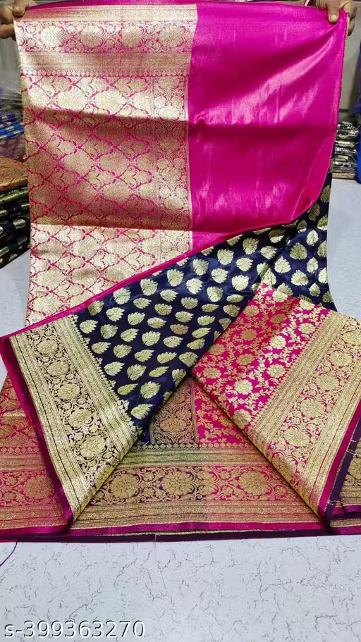  Womens Jacquard Banarasi Katan Silk Saree With All Over Golden Zari Border - Navy Blue Rani Pink