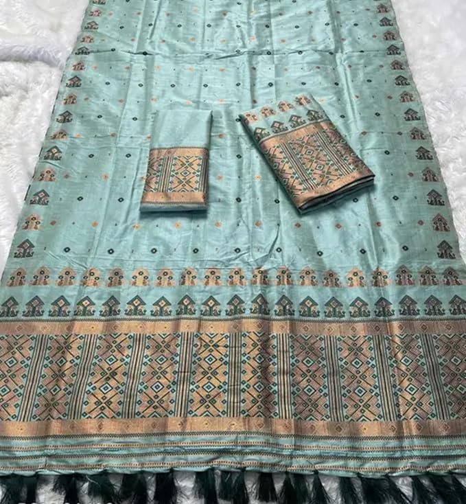 Women`s Assamese Mekhela Sador Paat Santal Panchi Lungi Parhar Fabric of Soft Silk Traditional Design- Green