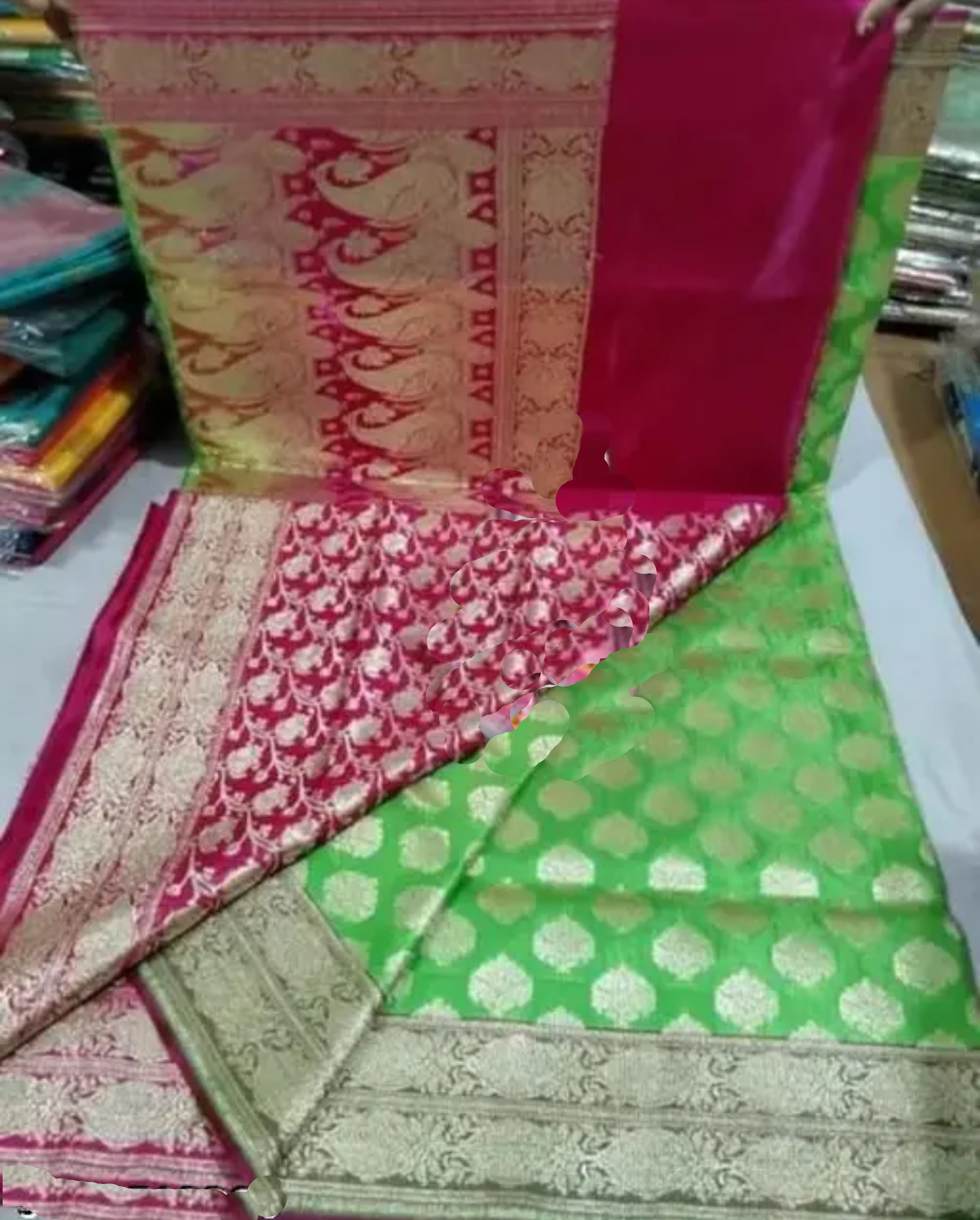 Bridal Banarasi Katan Silk Saree Contrast Design Dual Tone with All over Golden Zari Border