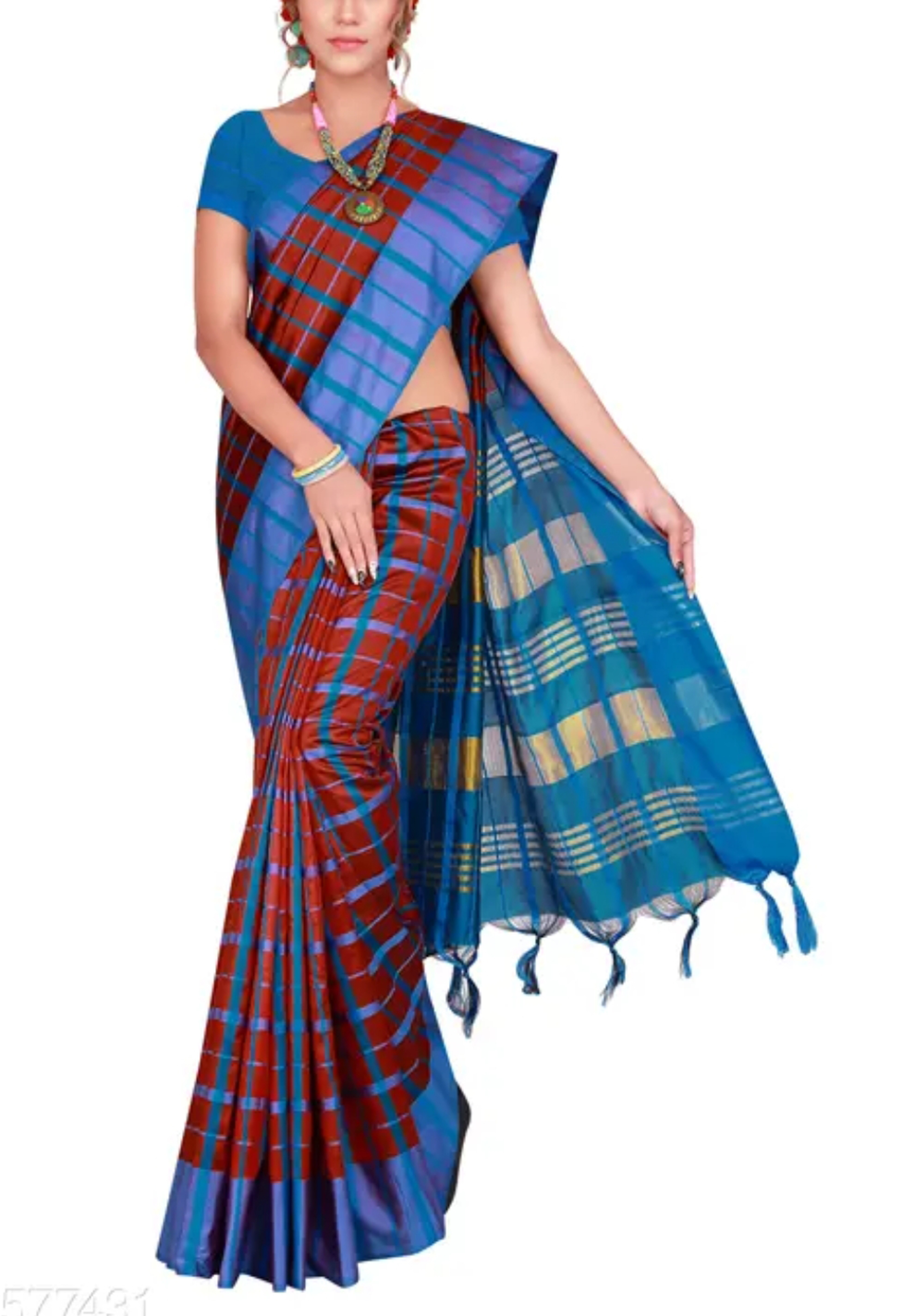 Chocolate Blue Kunbi Goa Saree Handwoven Traditional Design With BP  