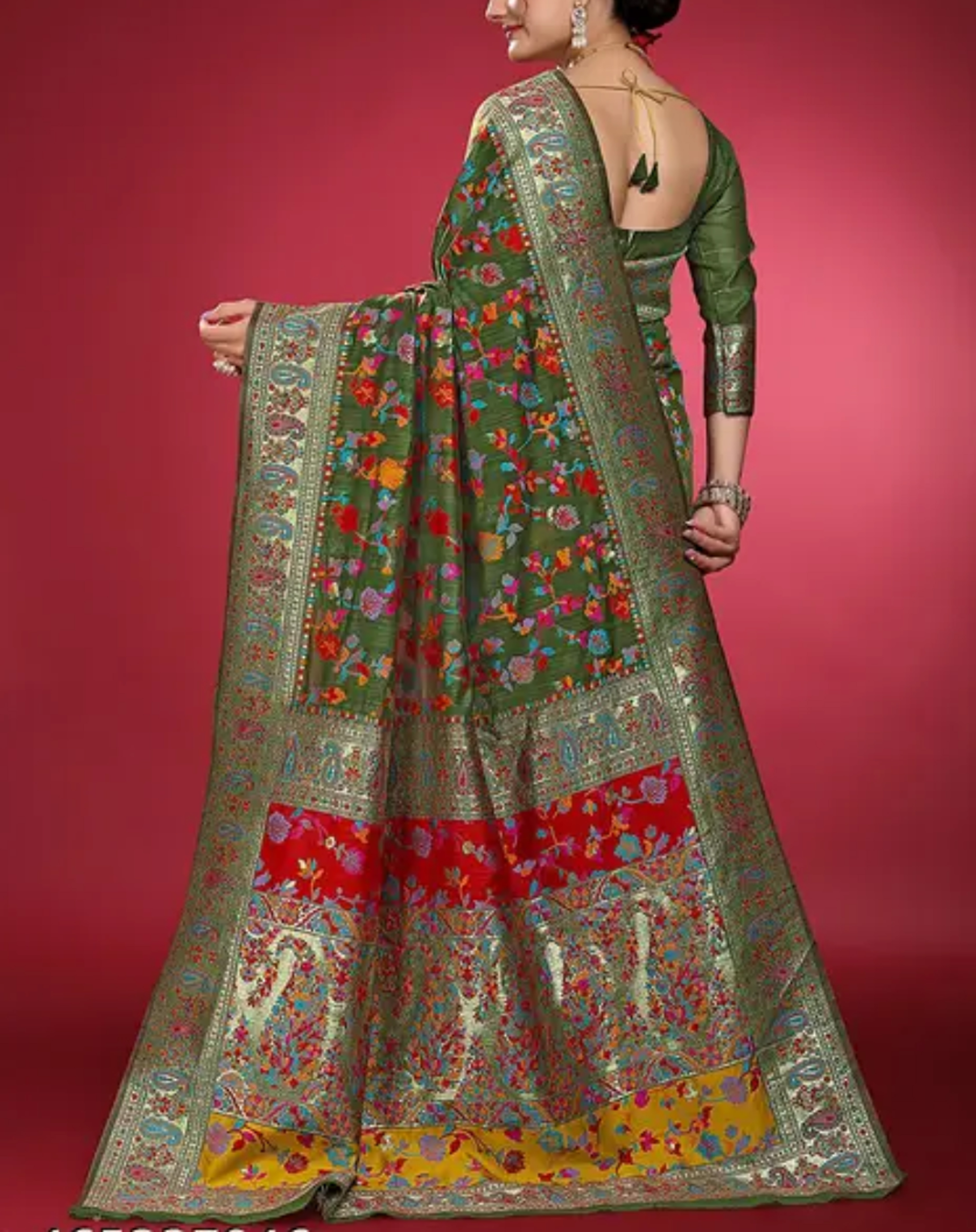  Kashmiri Pashmina Silk Olive Green Saree with Traditional Meenakari Work 