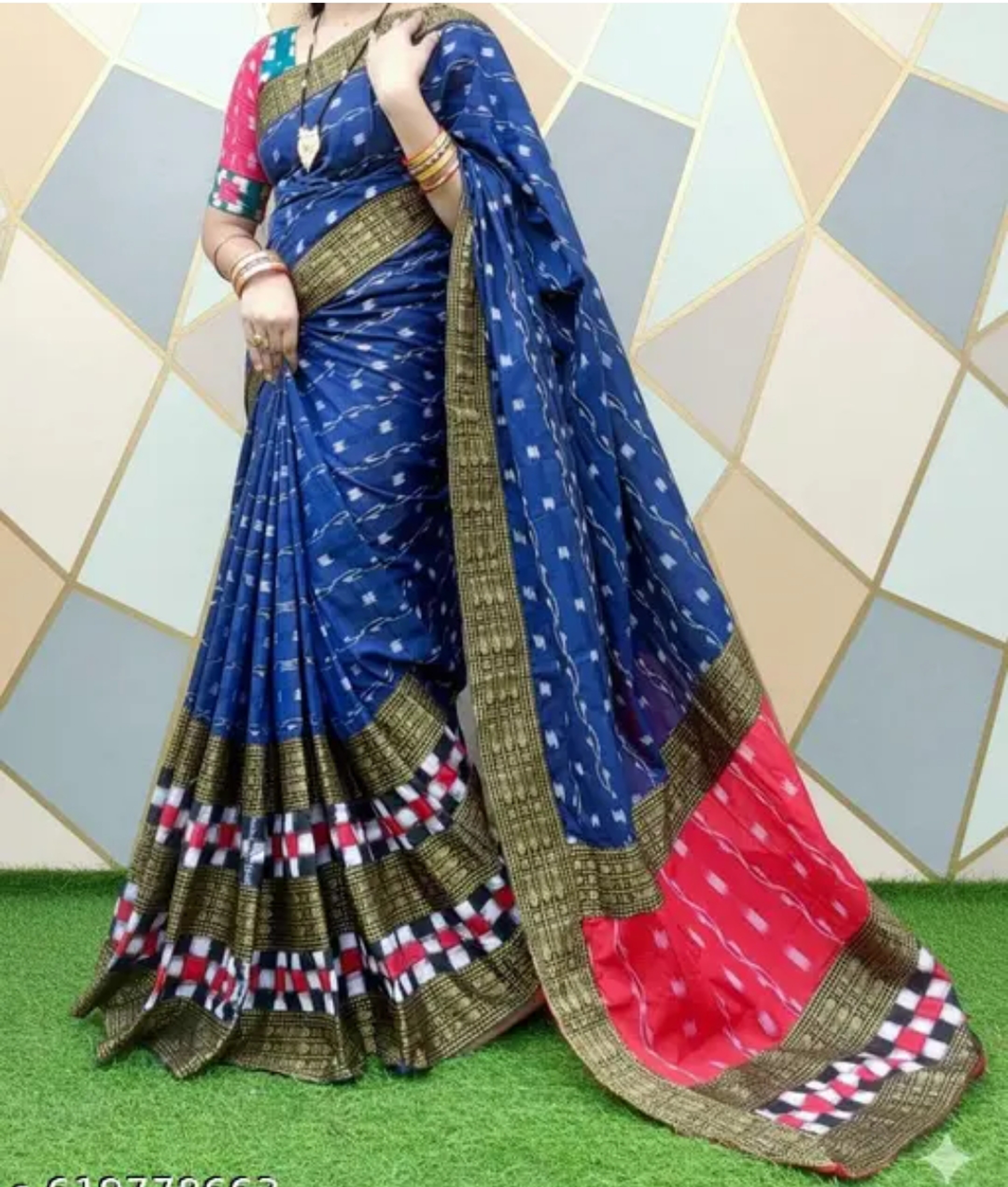 Sambalpuri Blue Red Embroidery Silk Saree Pasapalli Traditional Design With Blouse Piece 