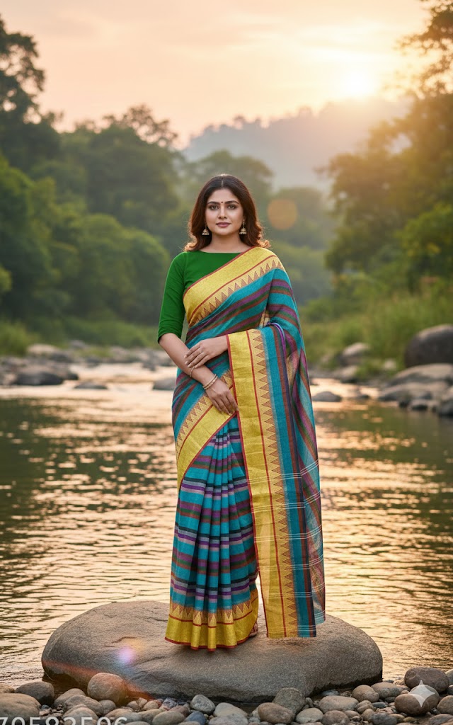 Yellow Blue Kunbi Goa Saree Handwoven Traditional Design With BP  