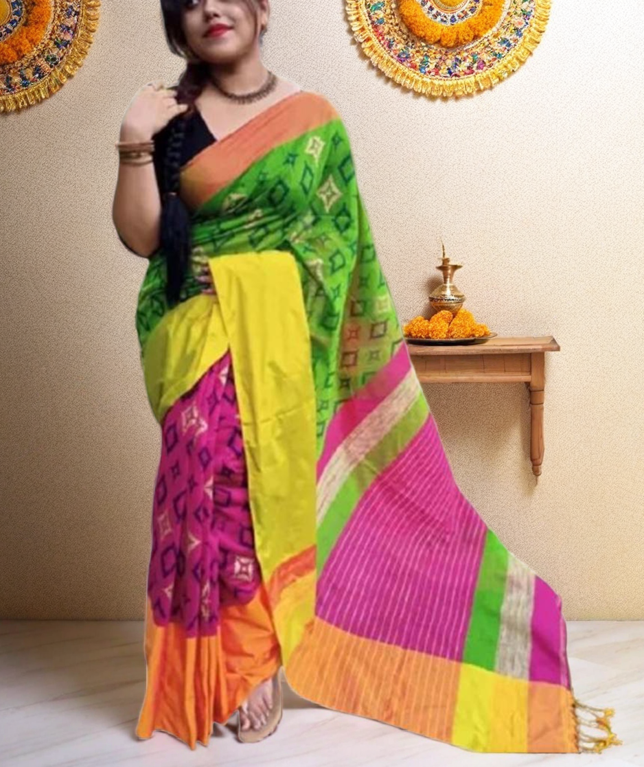Women’s Handloom Silk Mahapar Saree Tant Saree Fine Cotton By Fulia Handloom Without Blouse - Green Yellow
